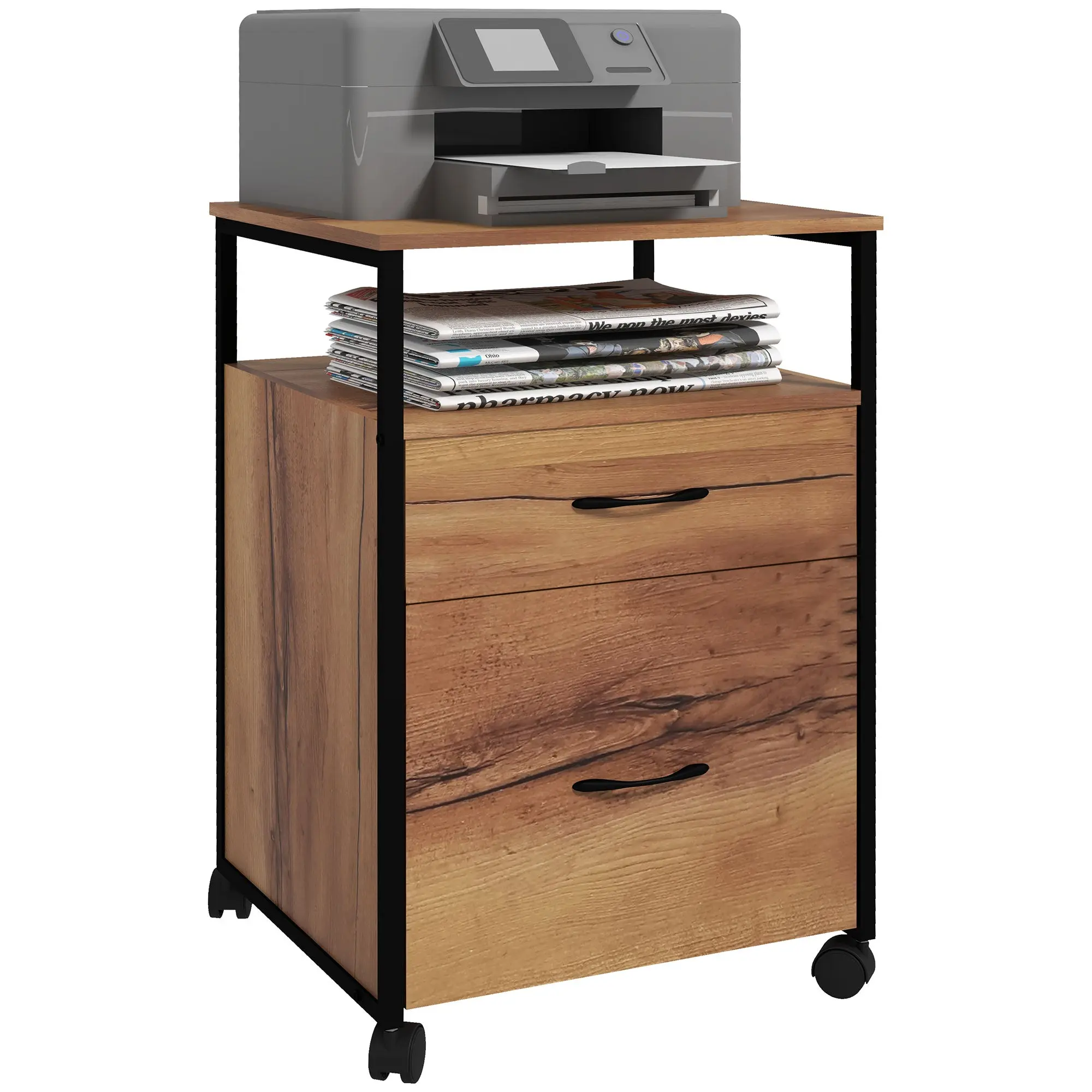 26.2" Tall File Cabinet with 2 Drawers and Open Shelf, Industrial Printer Stand, Rustic Brown