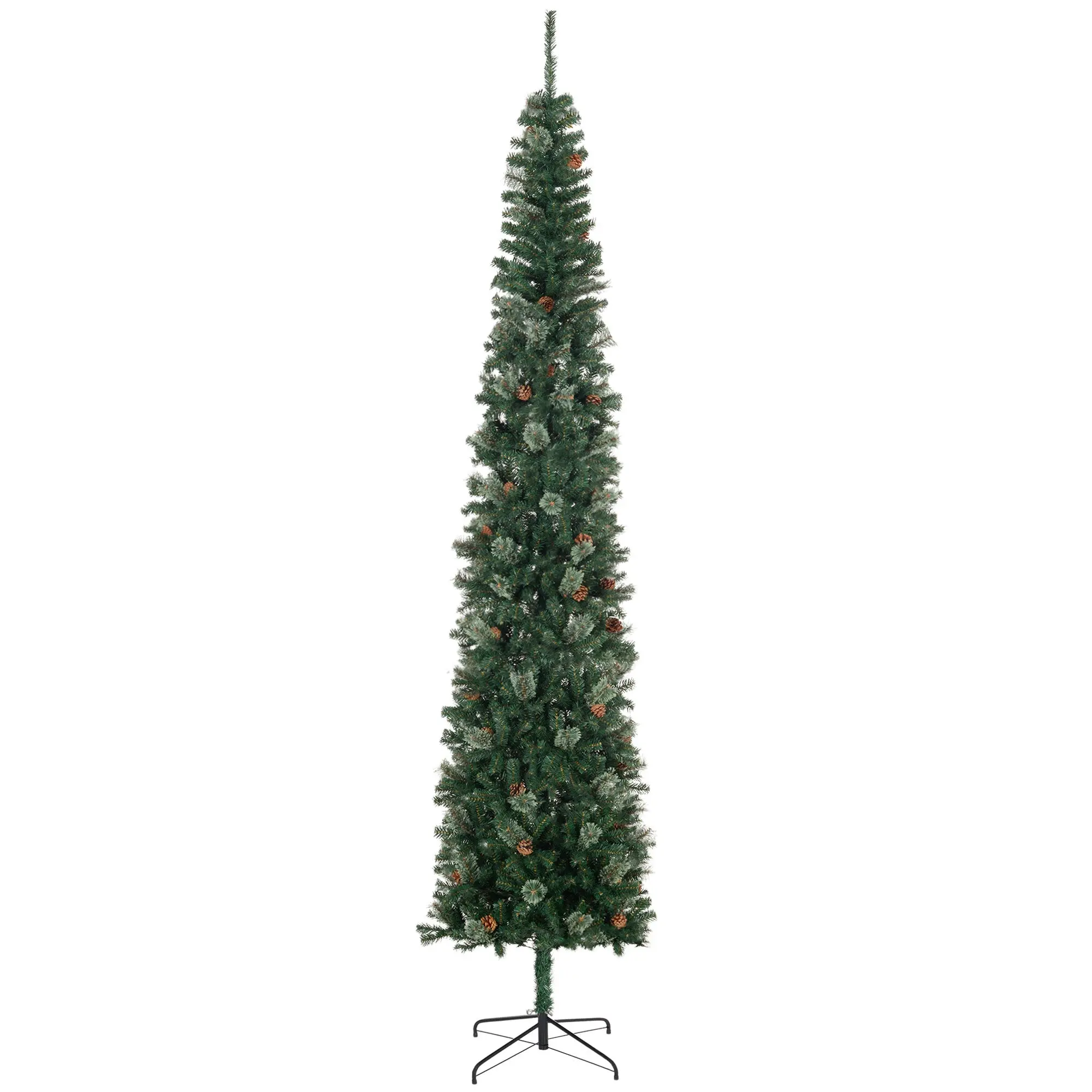 9.5ft Pencil Christmas Tree with Realistic Branches, Pine Cones and Metal Base, Green