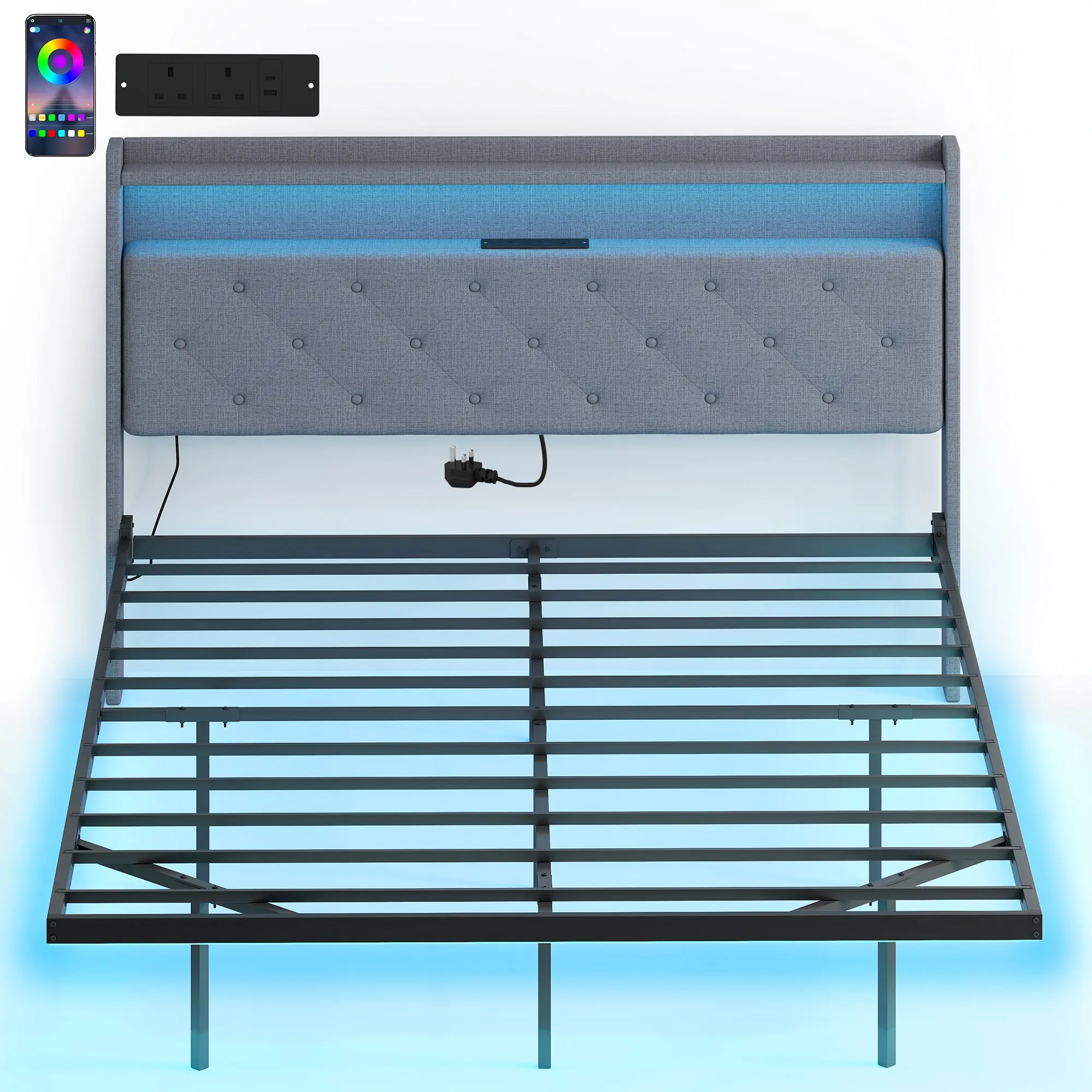 5ft King Size Bed Frame with Music Sync RGB LED Lights and Charging Station, Grey