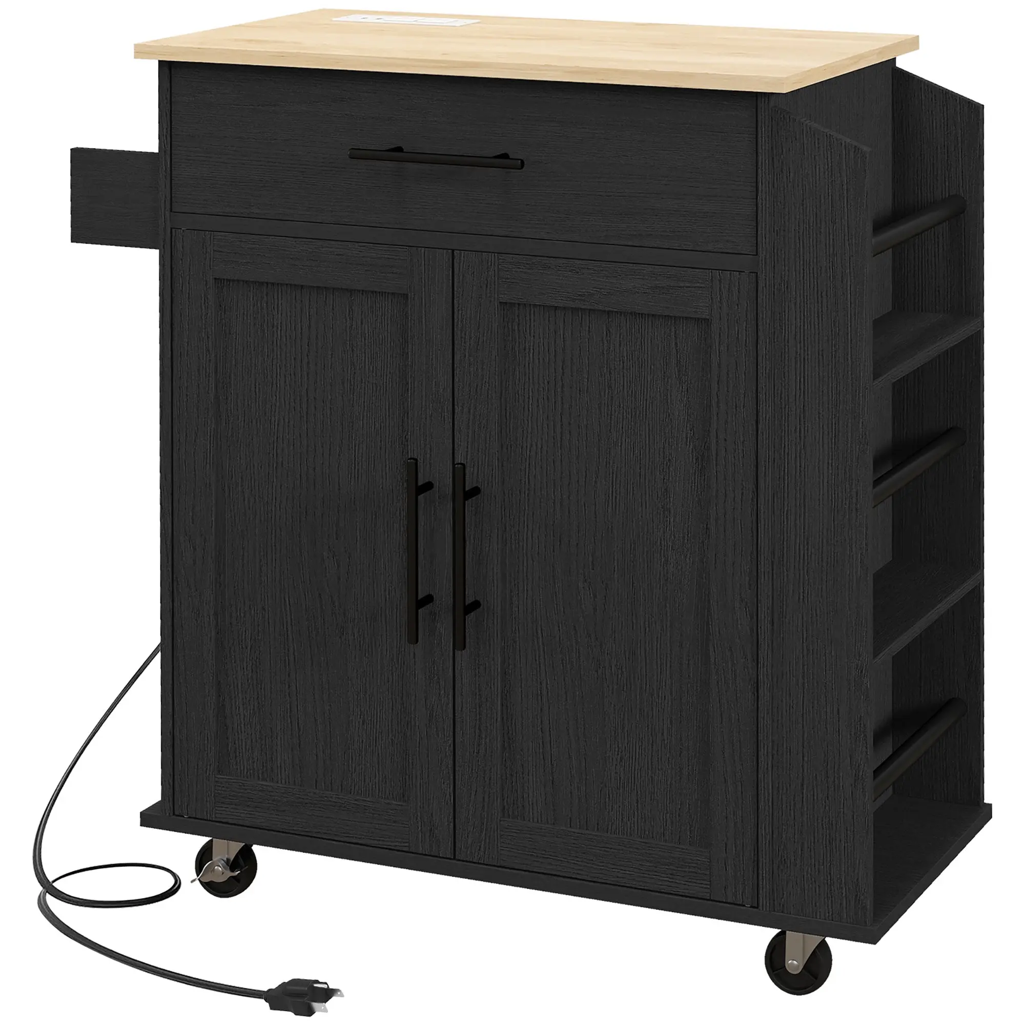 Rolling Kitchen Island with Power Outlet Towel Rack and Spice Rack, Black