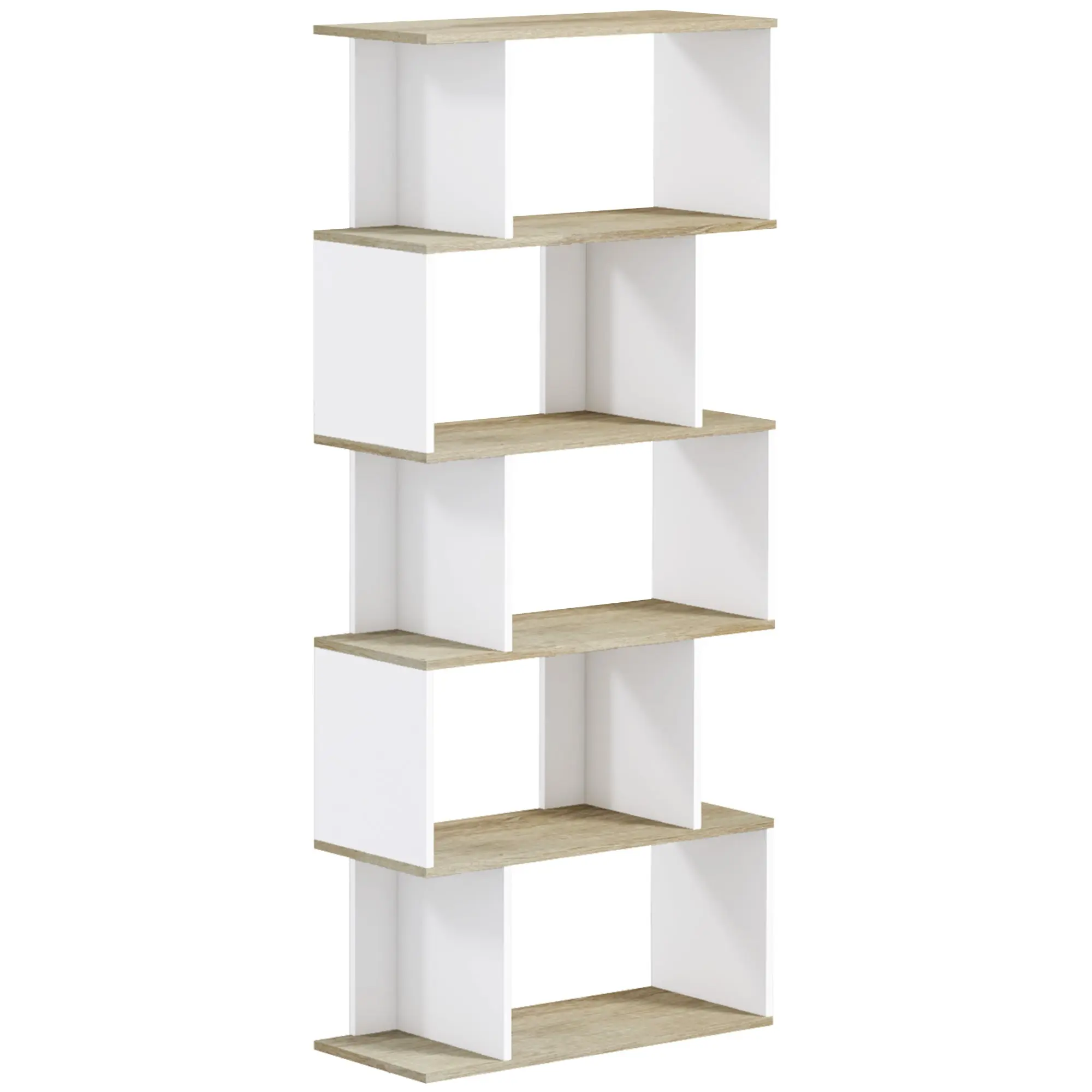 5-Tier Bookshelf, Geometric S Shaped Bookcase, Tall Narrow Display Shelf for for Living Room, Home Office, White