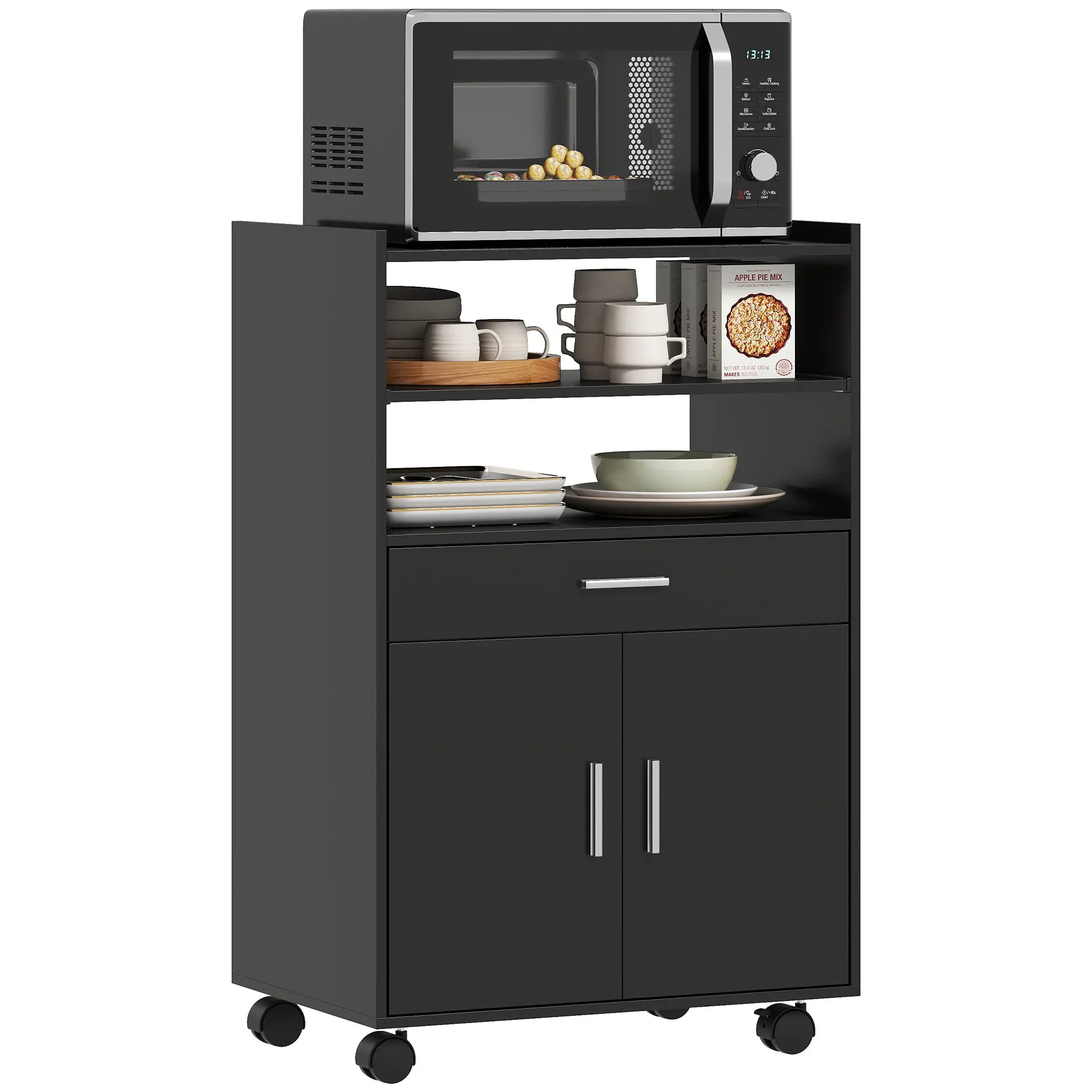 Microwave Cart with Wheels featuring Worktop, Open Shelves & Drawer, Black