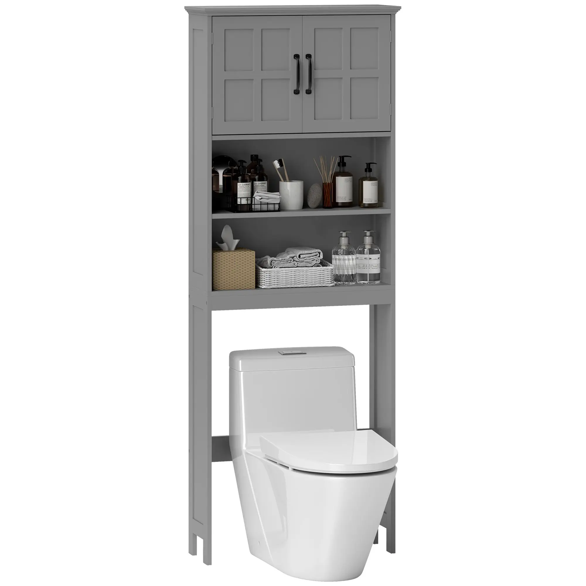Over The Toilet Bathroom Storage Cabinet with Open Shelves & 2-Door Cabinet, Grey