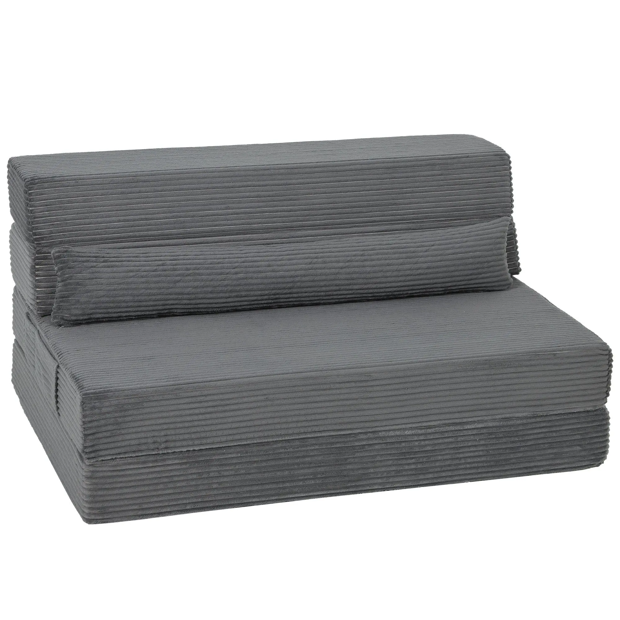 Foldable Corduroy Floor Chair with Back Support, Thick Pad & Side Pocket, Grey