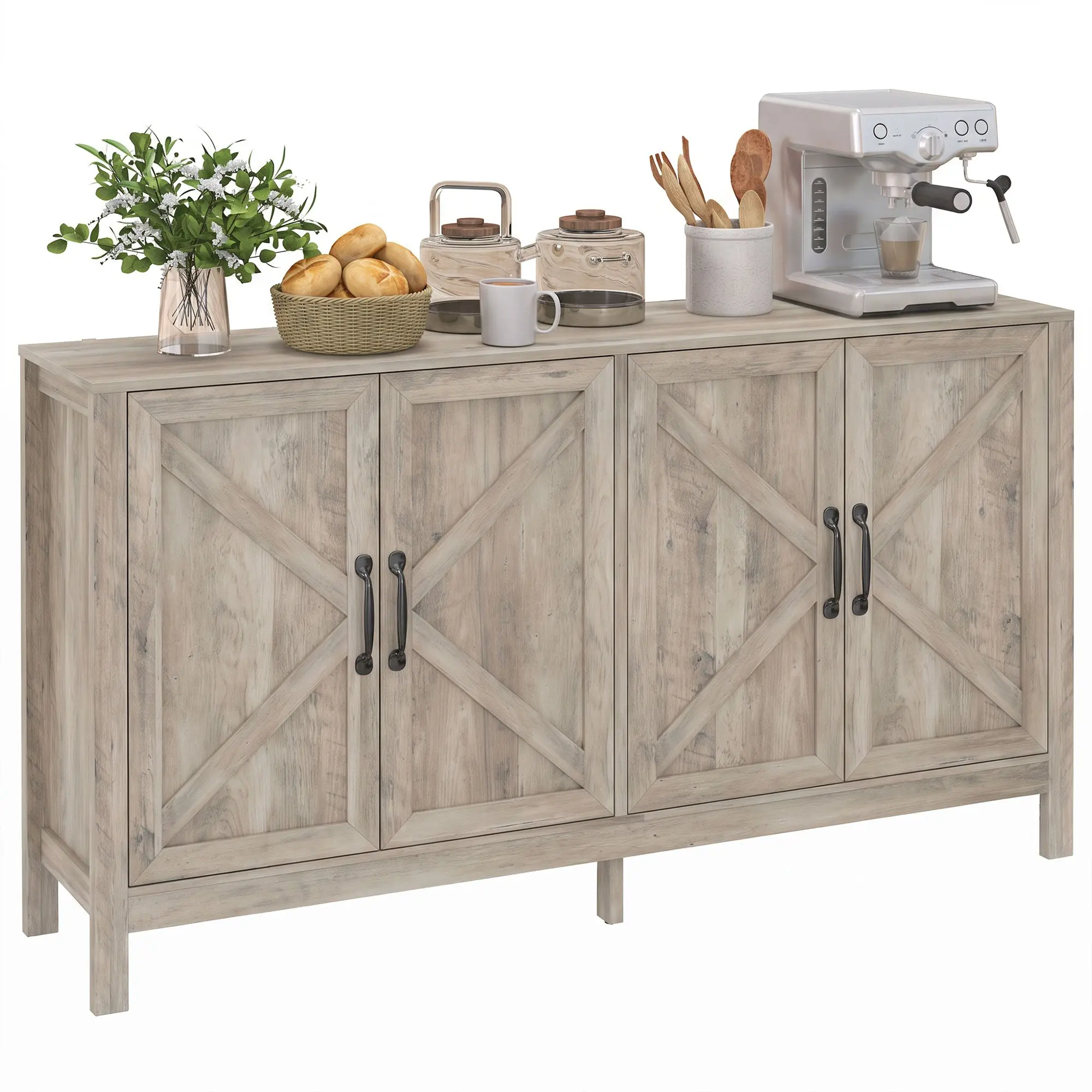 Farmhouse Sideboard Buffet with 4 Barn Doors and Adjustable Shelves, Light Grey