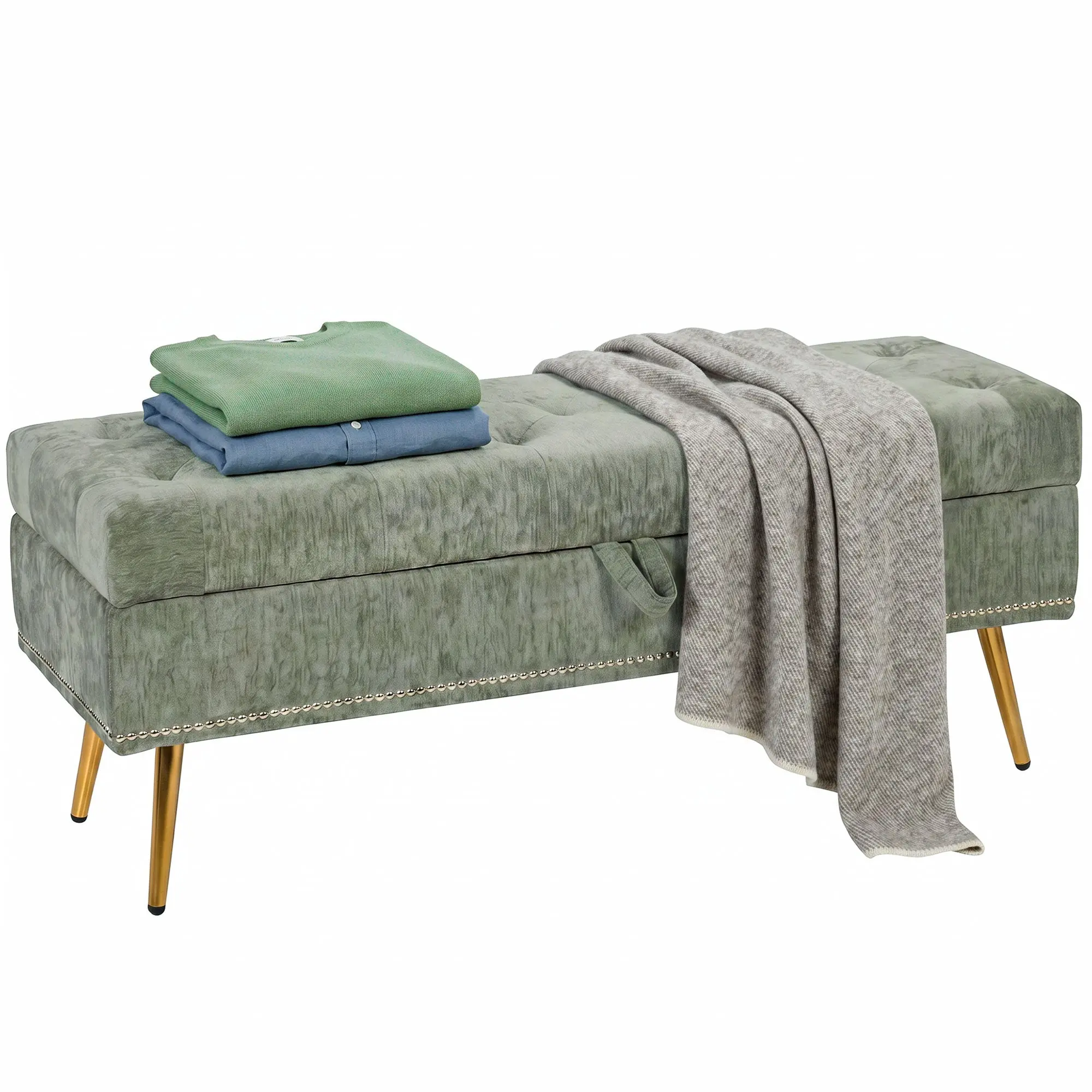 Upholstered Storage Ottoman with Padded Chenille Seat & Metal Legs, 114 x 41 x 45 cm, Light Green