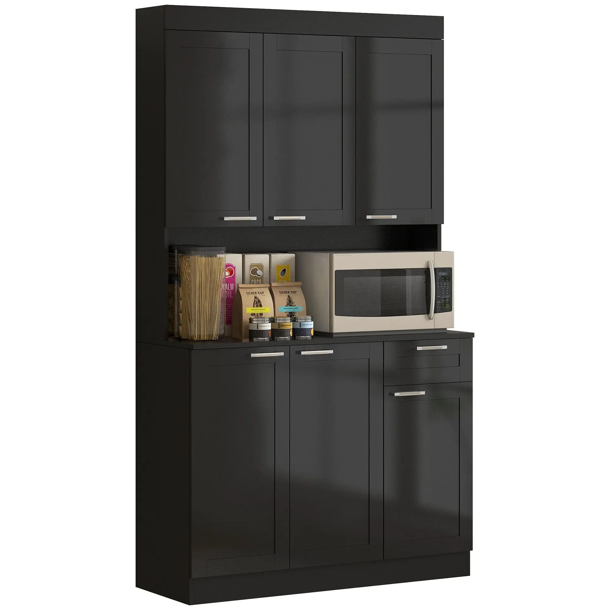 Kitchen Pantry Hutch with Microwave Countertop & Adjustable Shelves High Gloss, Black