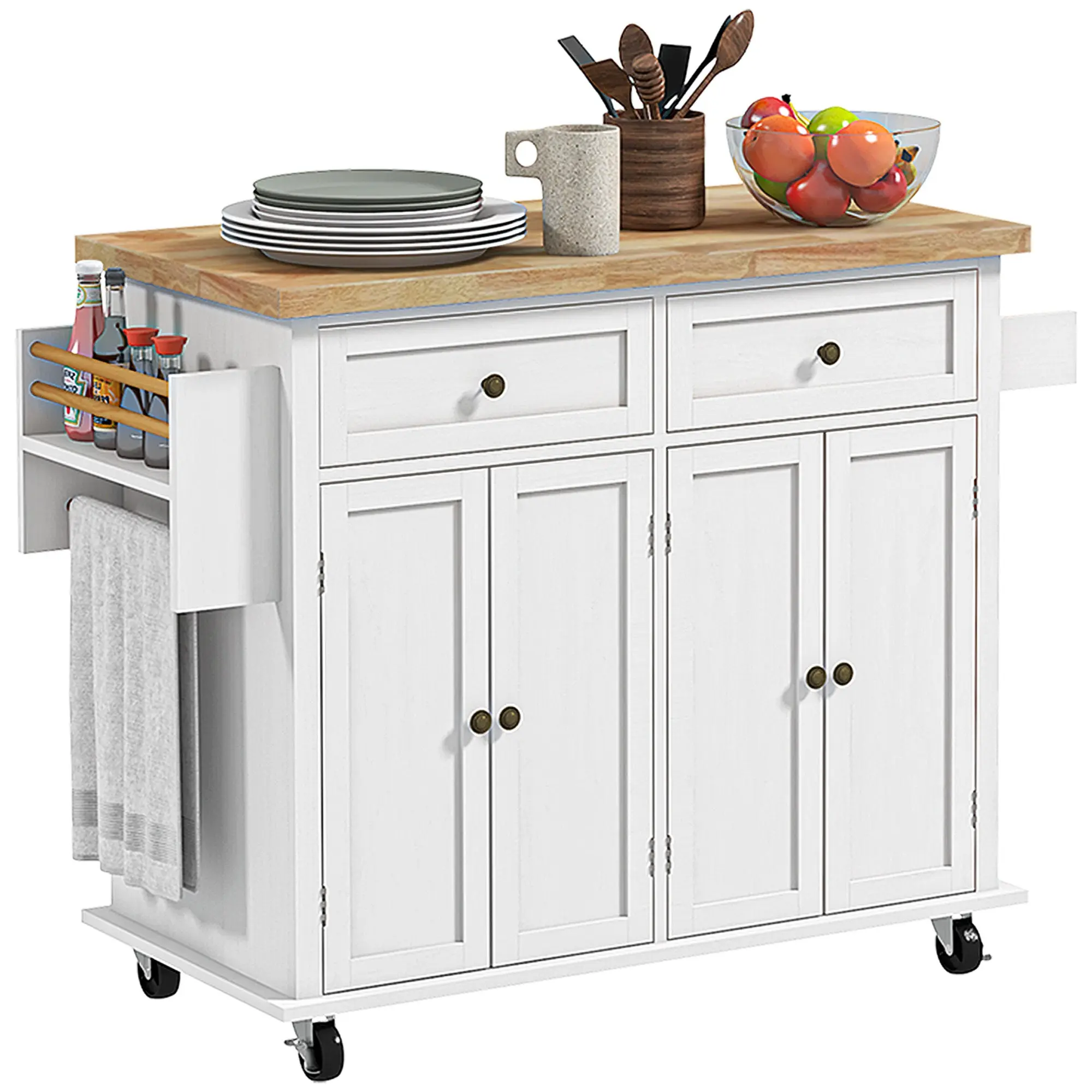 GlideSpace 44"W Butcher Block Cart, Movable Kitchen Island with Cabinets, Distressed White