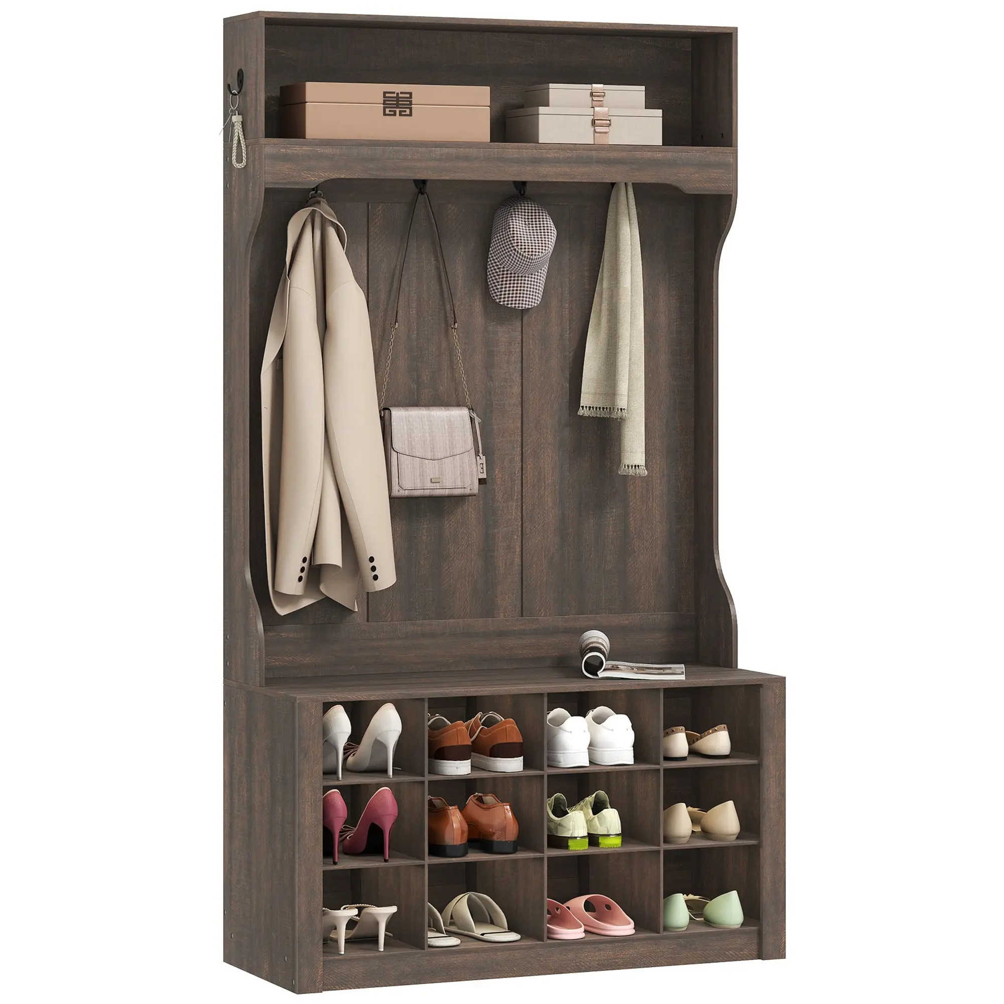 4-In-1 Hall Tree with Bench and Shoe Storage, Farmhouse Entryway Coat Rack Shoe Bench with 12 Shoe Cubbies, 6 Hooks and Open Shelf for Hallway, Dark Brown