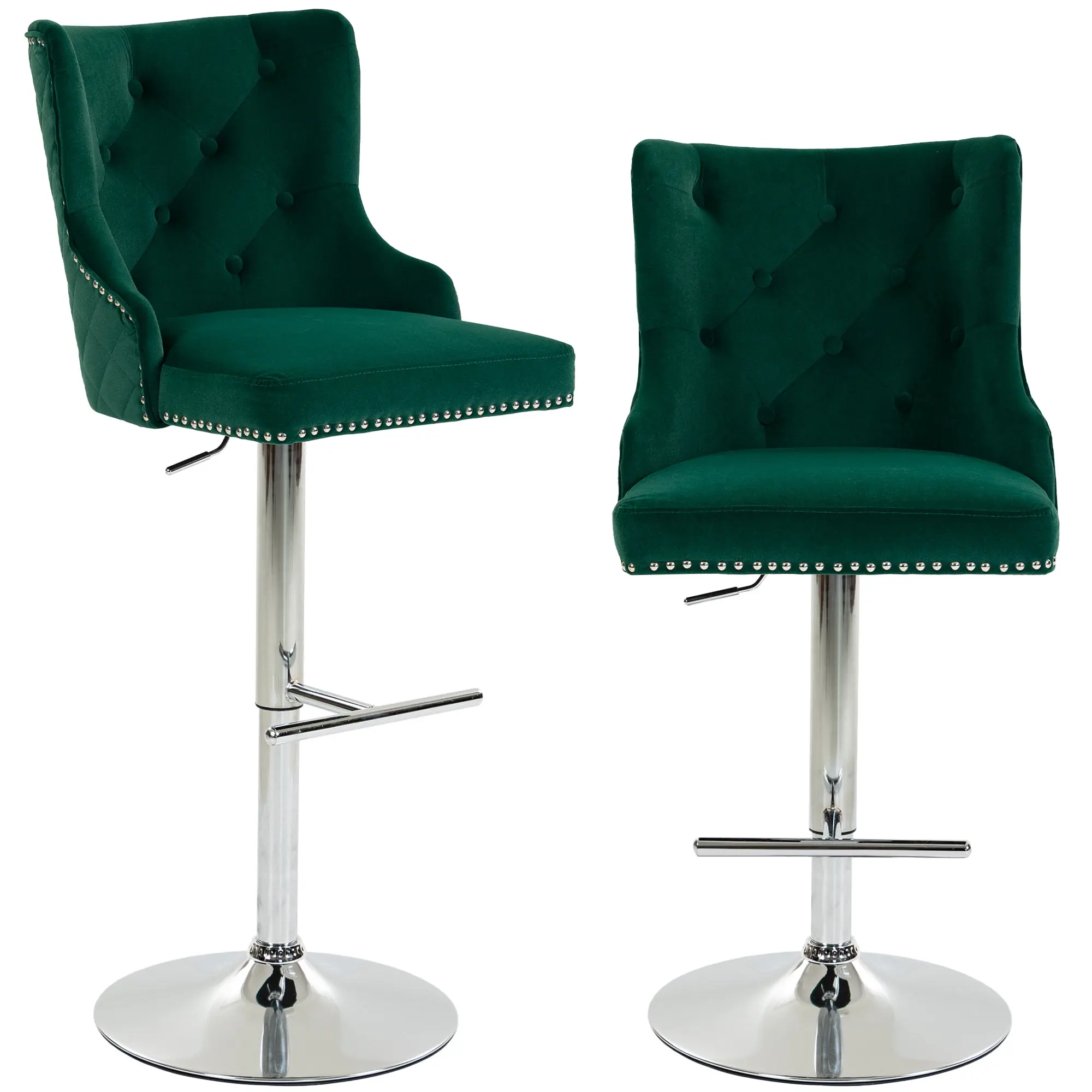 Set of 2 Swivel Adjustable Velvet Bar Stools with Tufted Back, Green
