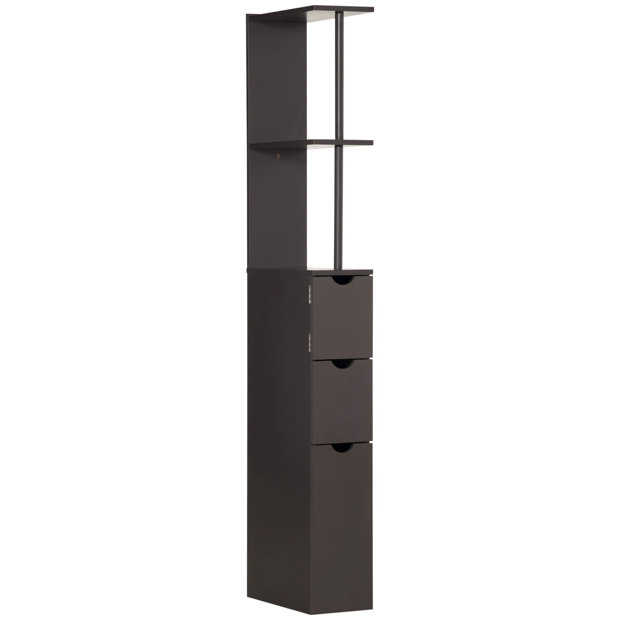 Slim Bathroom Linen Cabinet with Drawers, Cabinet & Open Shelves for Space Saving, Brown