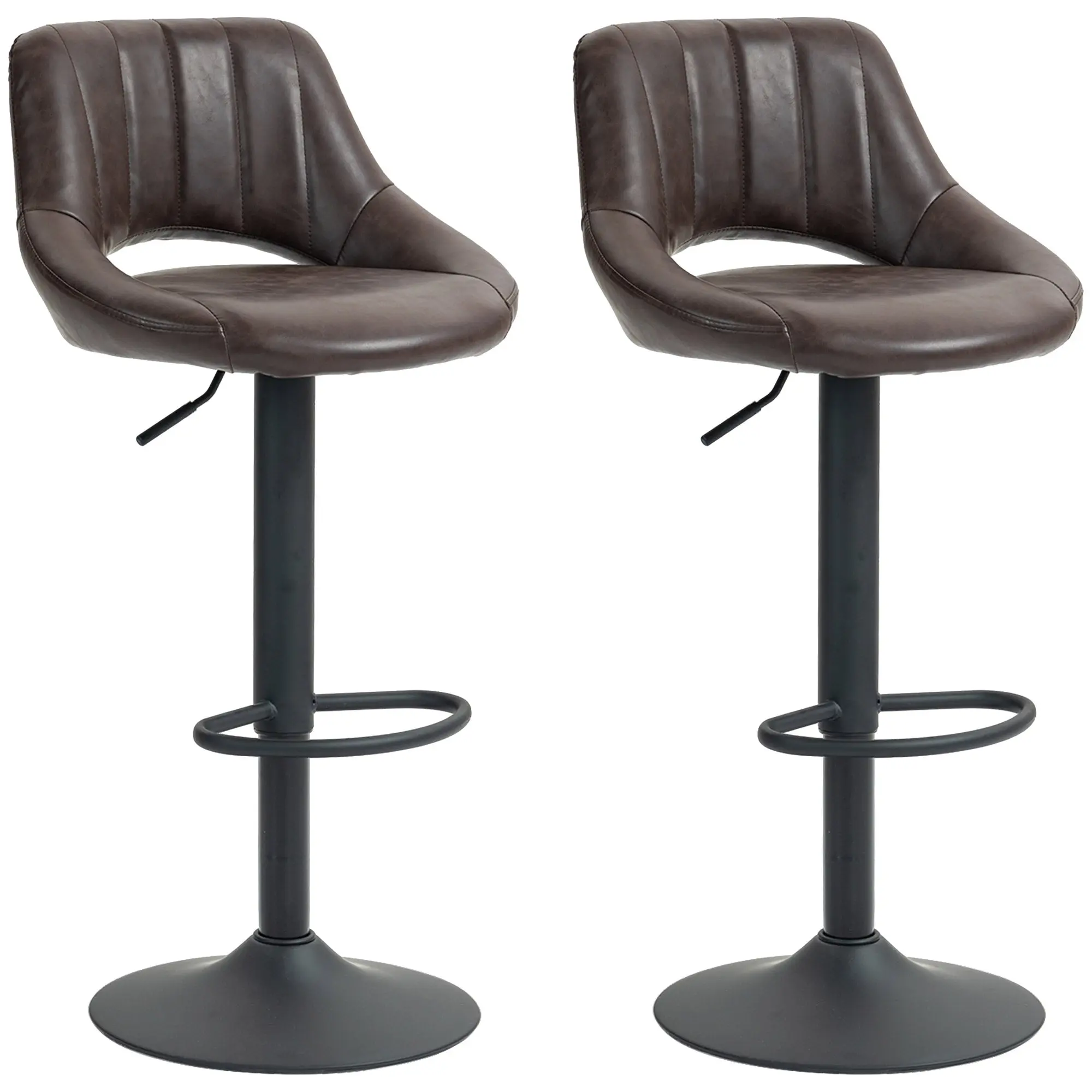 Set of 2 Adjustable Faux Leather Swivel Bar Stools with Round Metal Base, Brown