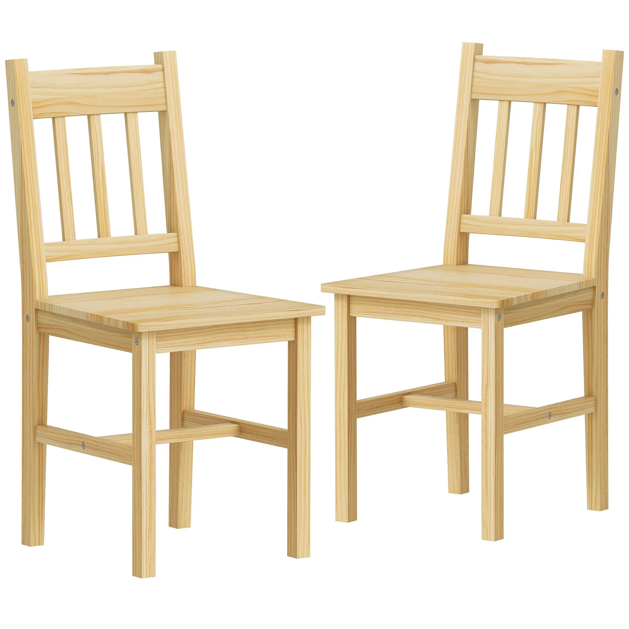 Set of 2 Dining Chairs with Slat Back, Pine Wood for Kitchen & Dining, Natural