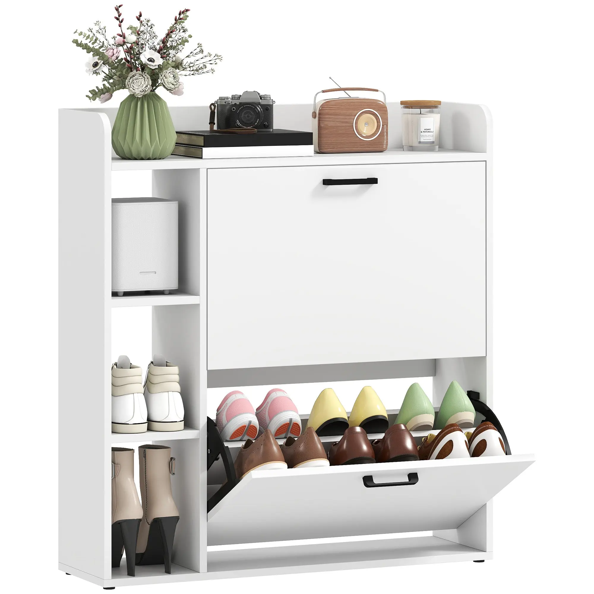 Slim Shoe Cabinet with 2 Flip Drawers and Adjustable Shelves, White
