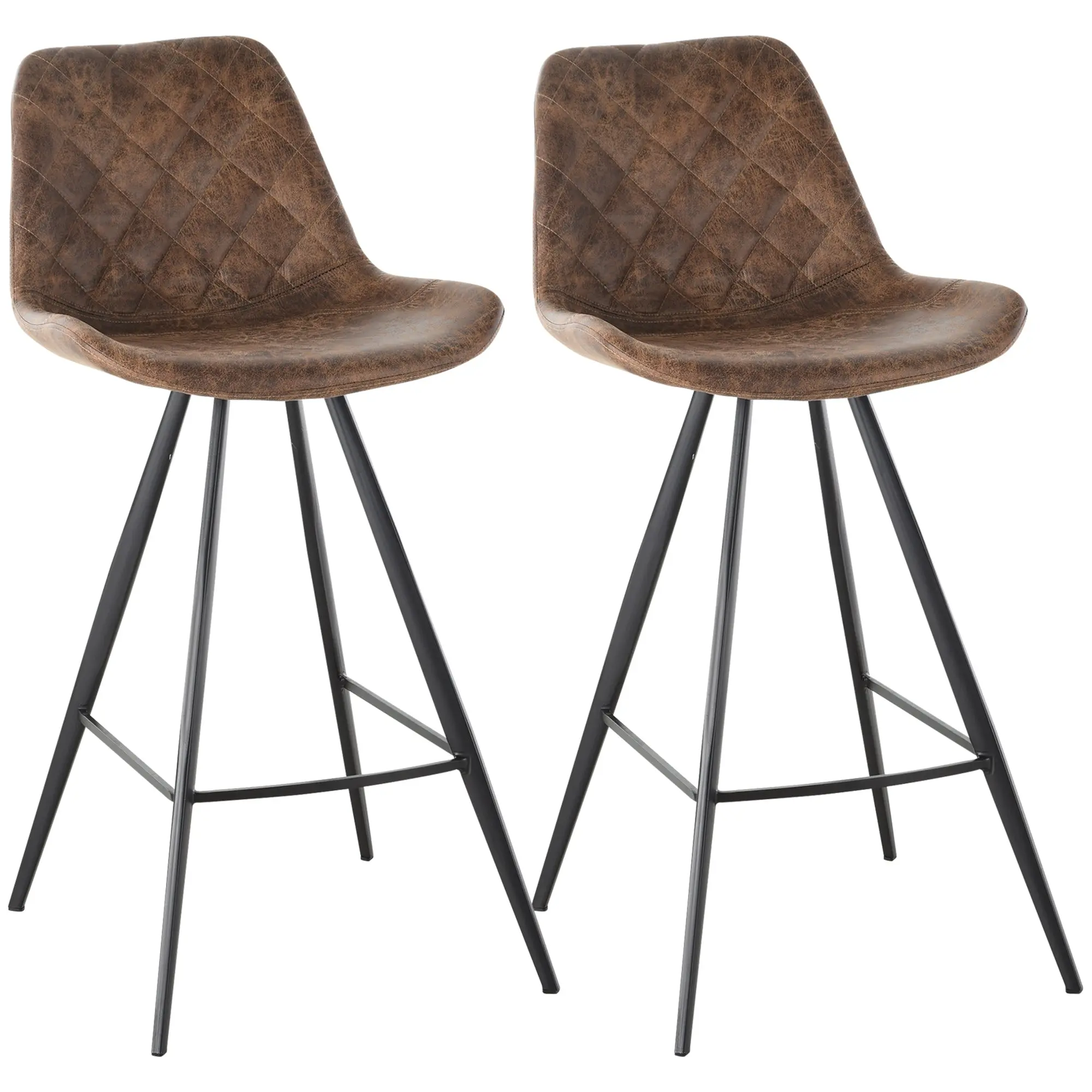 Bar Stools Set of 2 with Vintage Microfiber Seats, Steel Frame & Footrest, Brown
