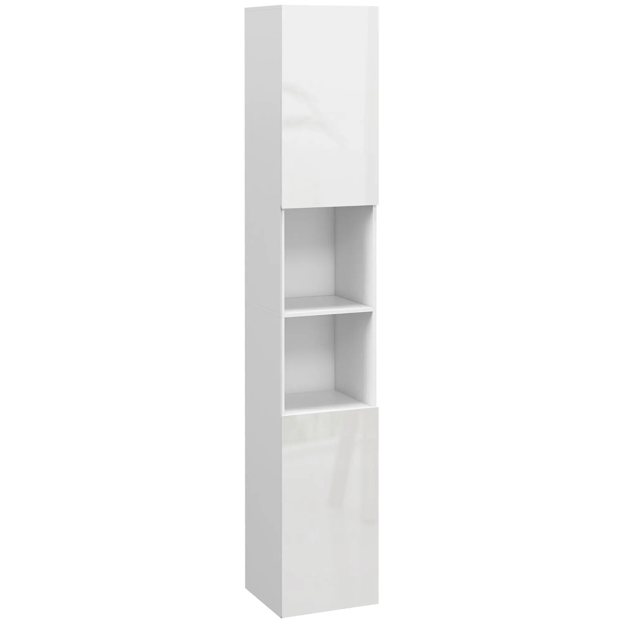 71" Tall Narrow Linen Tower w/ Open Shelves, 2 Doors Cabinets & Adjustable Shelves, White