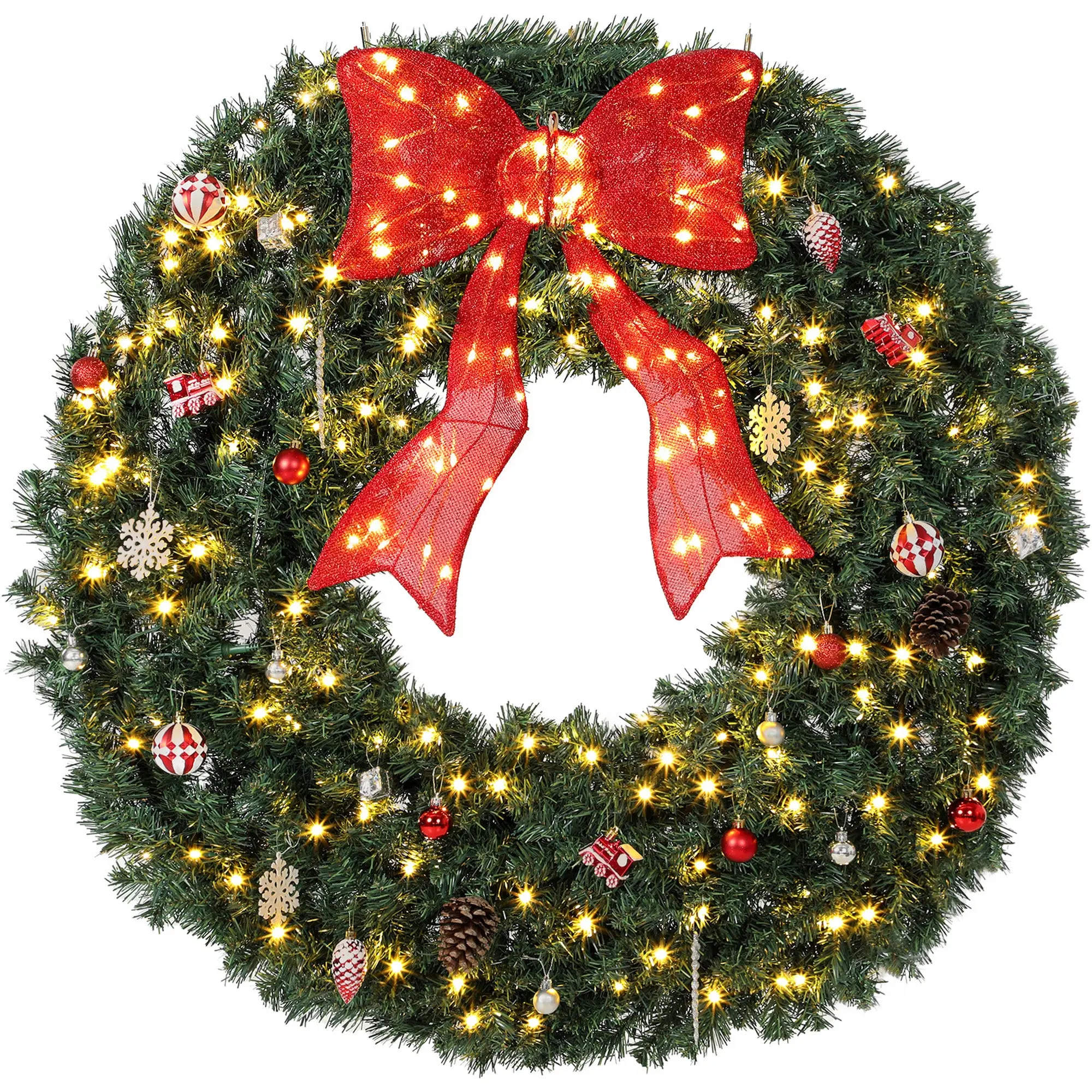 48 in Pre-Lit Christmas Wreath with 200 LED Lights, Bow & 31 Ornaments, Green