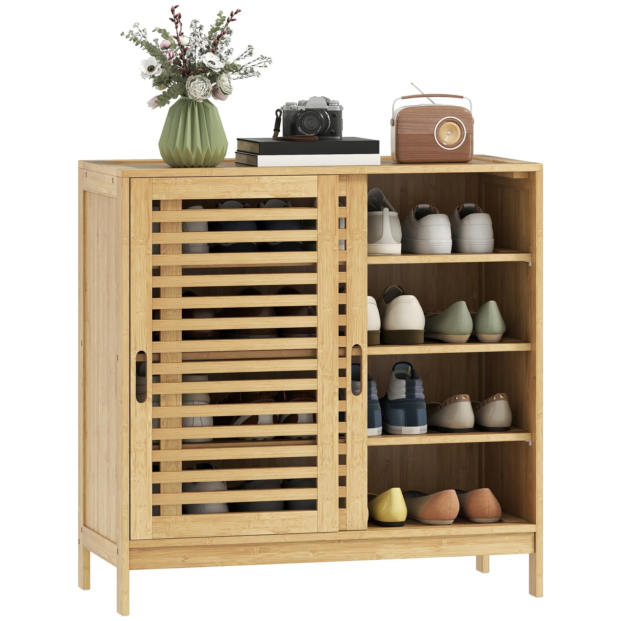 Bamboo Shoe Cabinet with 2 Sliding Slat Doors & Adjustable Shelves, 16-Pair Entryway Storage Unit in Natural Finish
