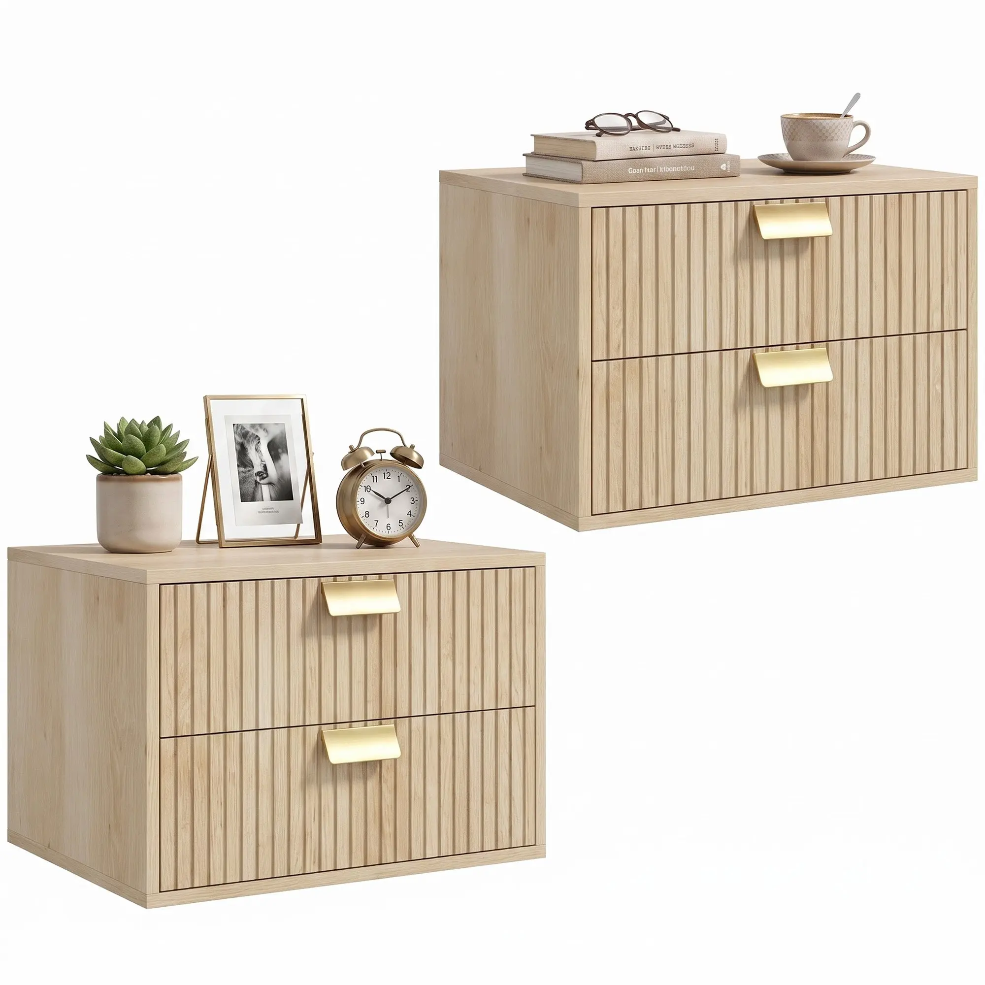 Modern Floating Nightstands Set of 2 with 2 Wave Drawers, Wall-Mounted Oak