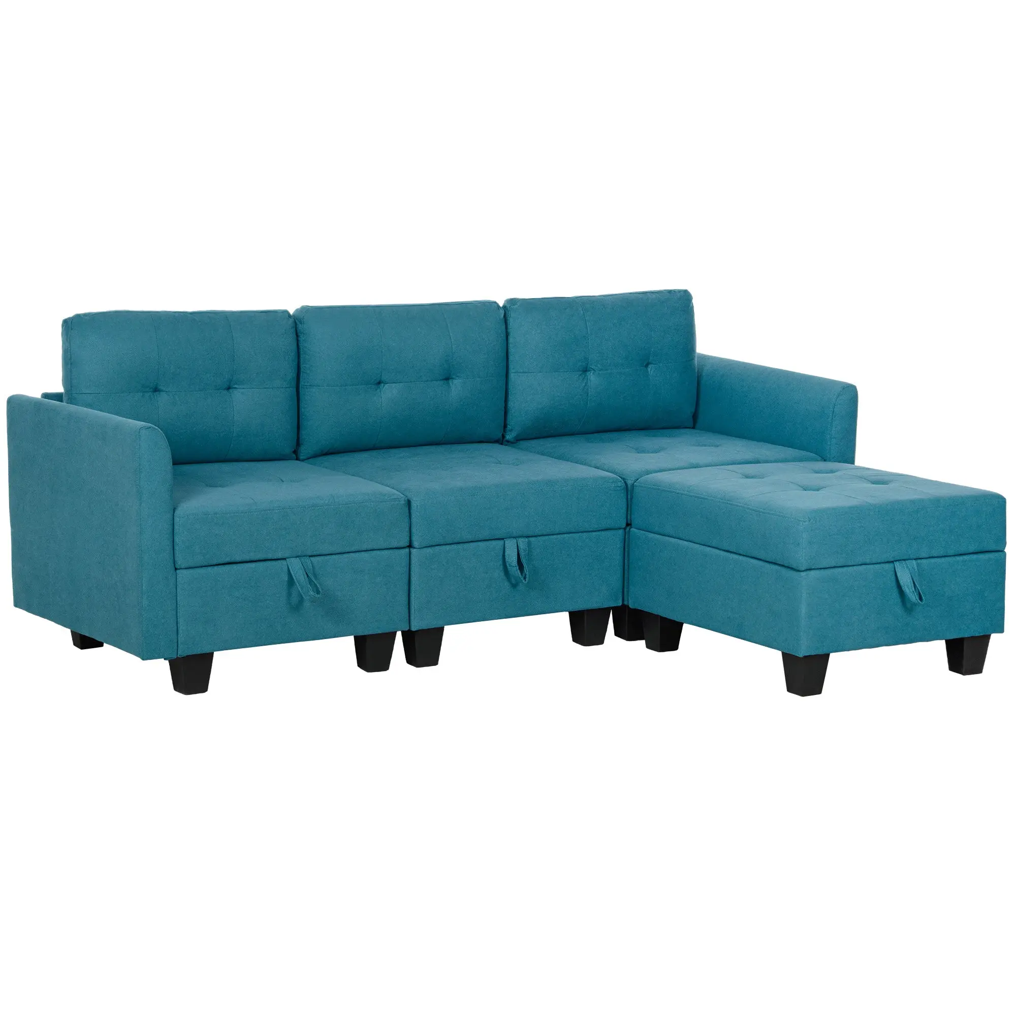 Convertible Sectional Sofa, 3 Seater Sofa Set with Ottoman& Storage, Light Blue