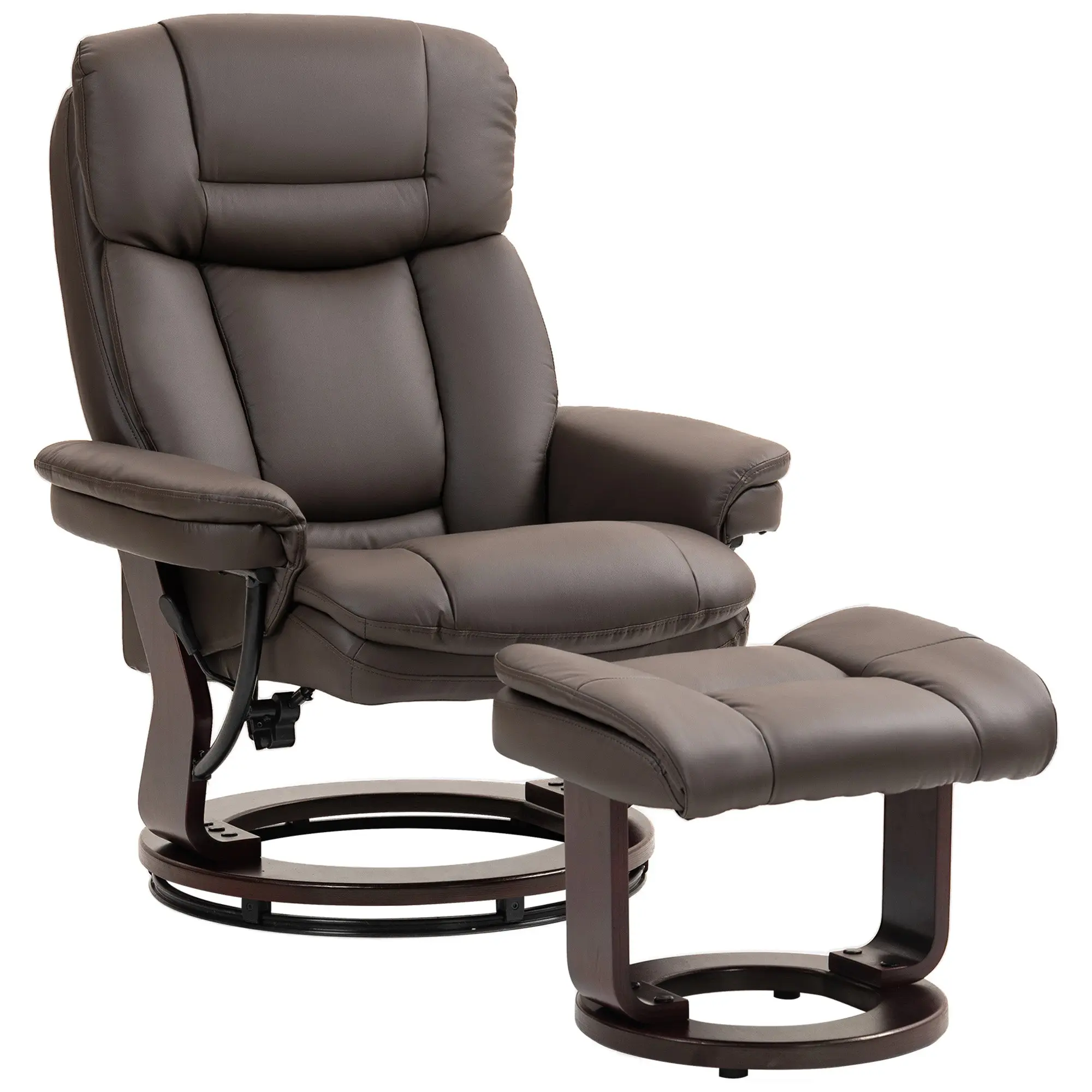 Swivel Recliner with Ottoman - PU Leather Recliner with Wood Base, Dark Brown