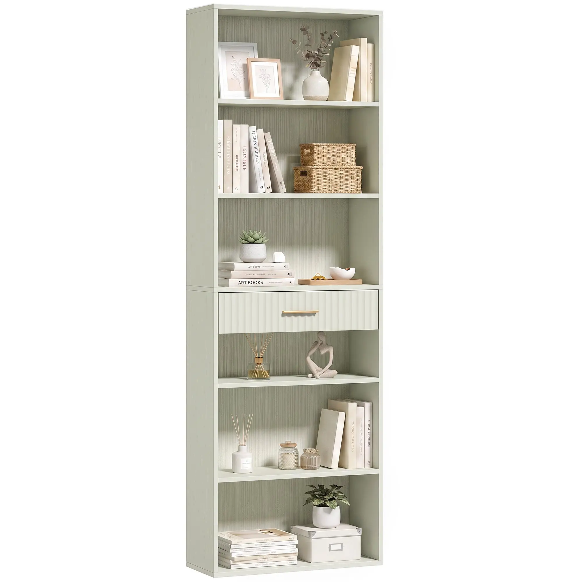 Tall 7-Tier Bookshelf with Cubes and Drawer, 60 x 24 x 182 cm, Light Green
