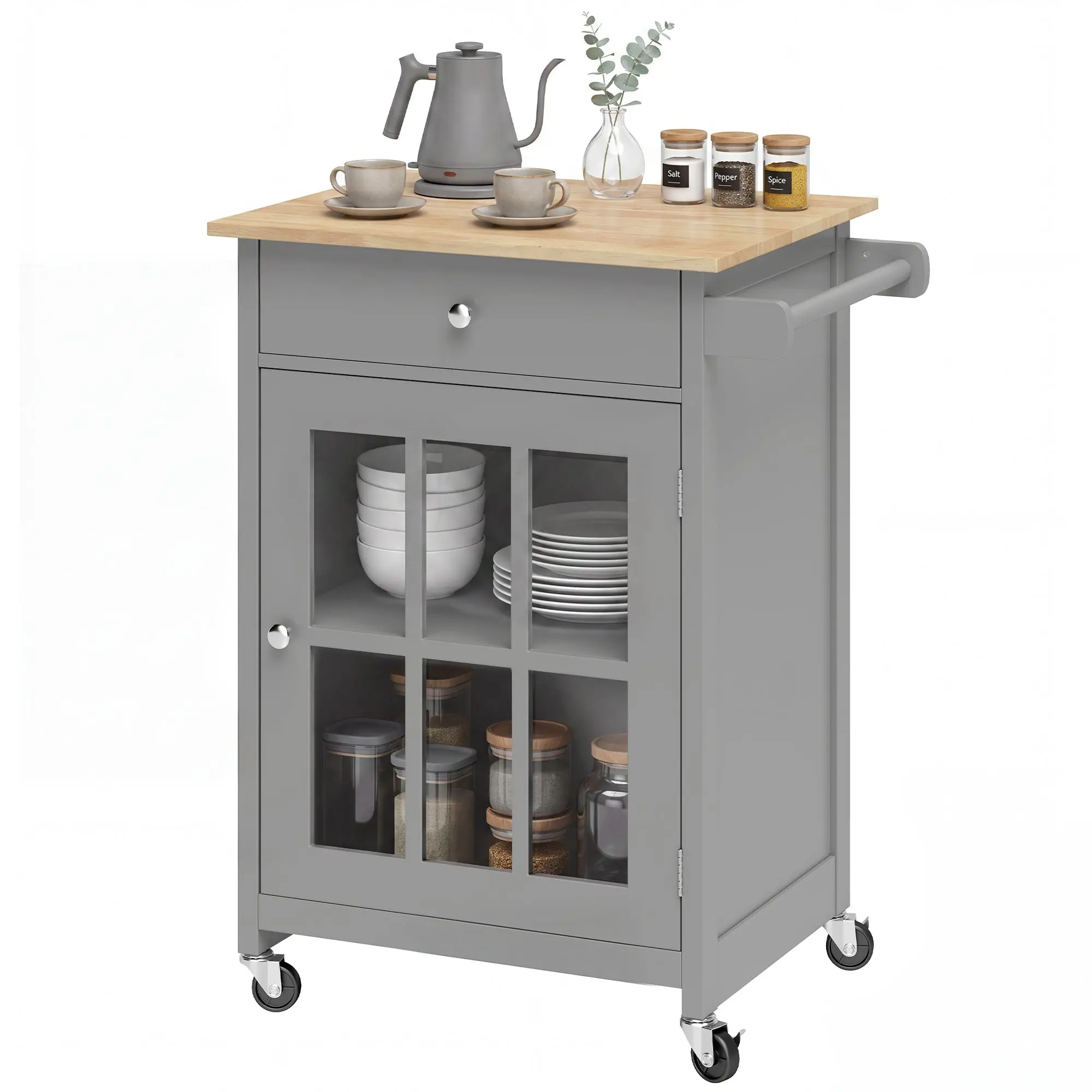 Rolling Kitchen Cart with Drawer & Glass Door, Adjustable Shelf and Towel Rack, Dark Grey