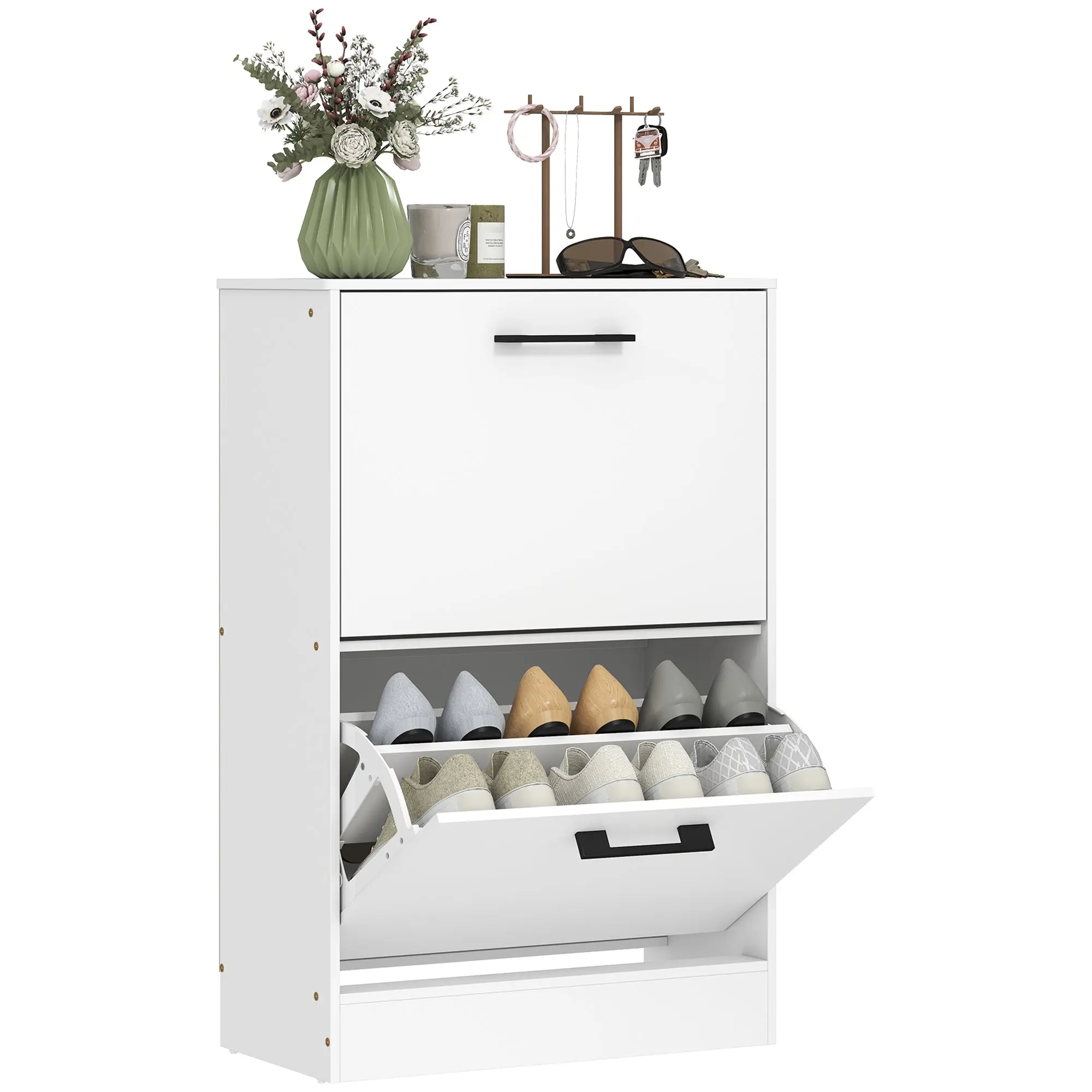 Narrow Shoe Cabinet with 2 Flip Drawers, Adjustable Dividers, Fits 12, White