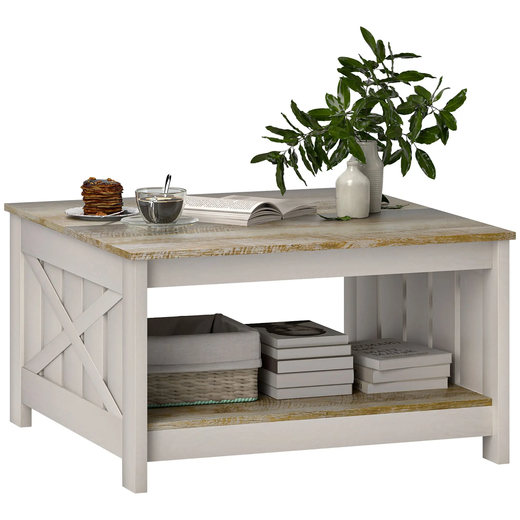 34. Farmhouse Coffee Table with Storage Shelf 31.5" Distressed Oak