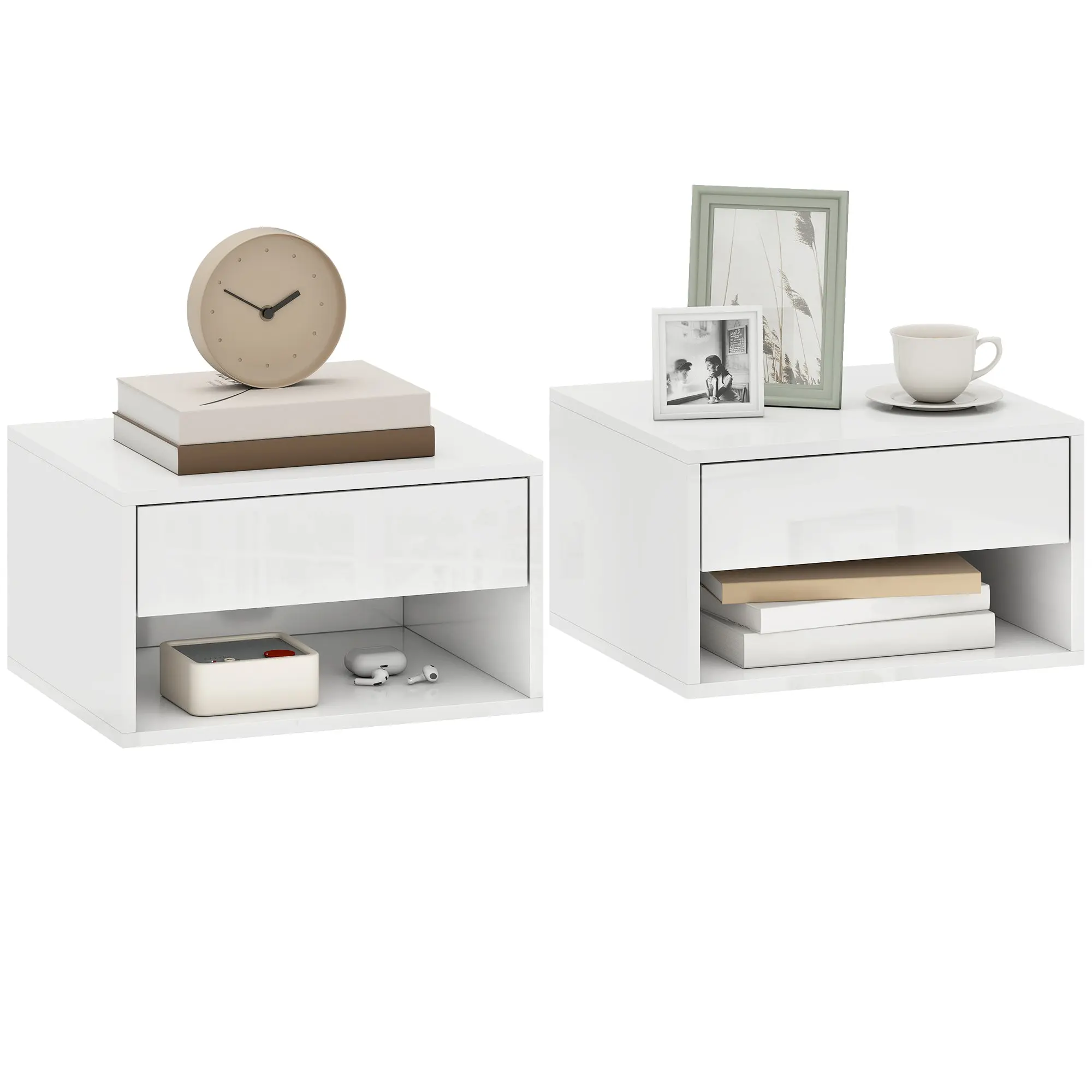 Floating Wall-Mounted Nightstands Set of 2 with Drawer and Shelf, Glossy White
