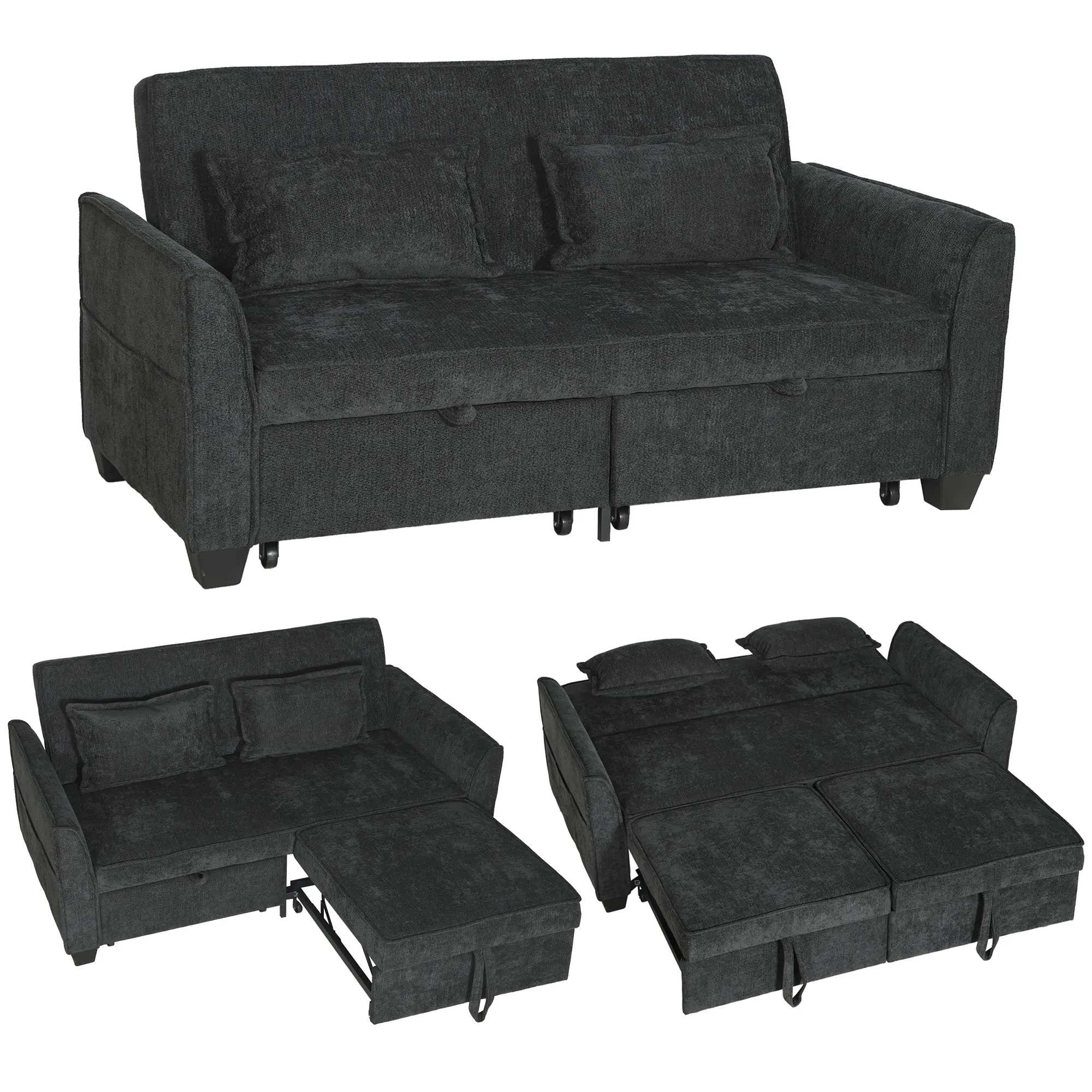 2-Seater Sofa Bed with Adjustable Backrest & Side Pockets, 4-in-1 L-Shaped Convertible Sleeper Loveseat in Black