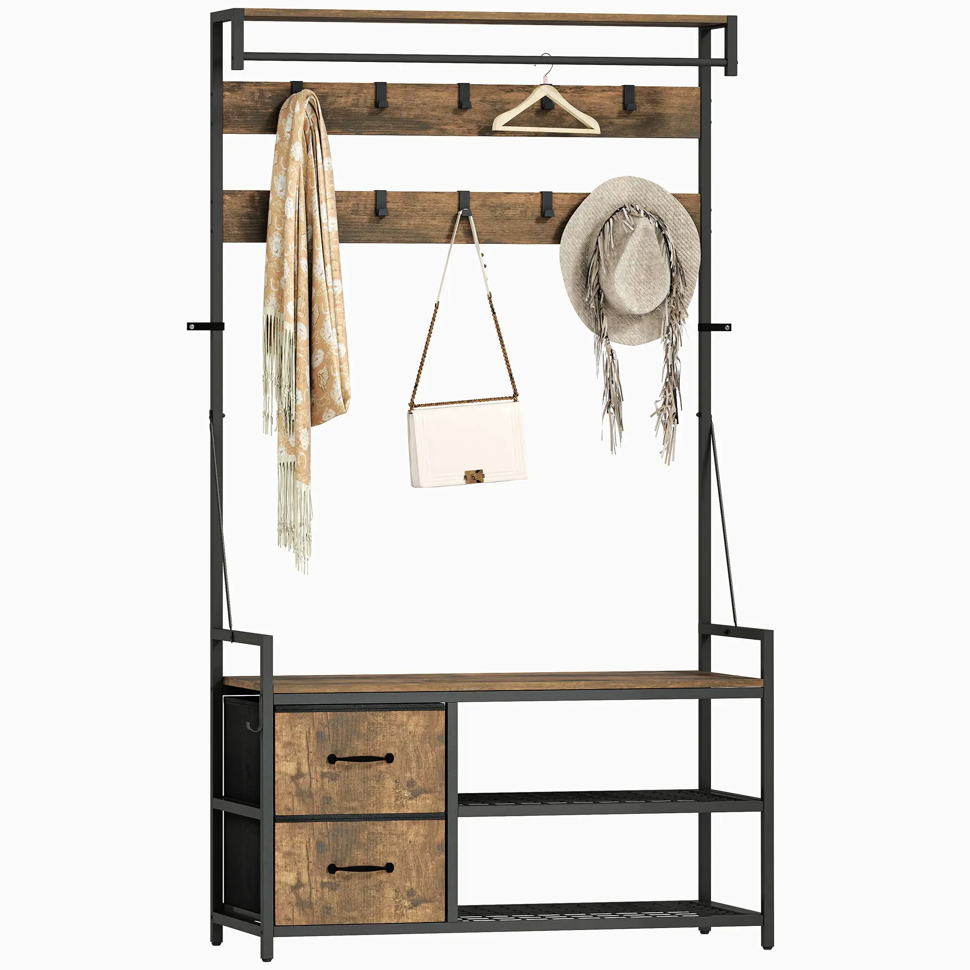 6-In-1 Hall Tree with Shoe Storage, Industrial Entryway Coat Rack Shoe Storage with 10 Adjustable Hooks, 2 Fabric Drawers and Hanging Rod for Hallway, Rustic Brown