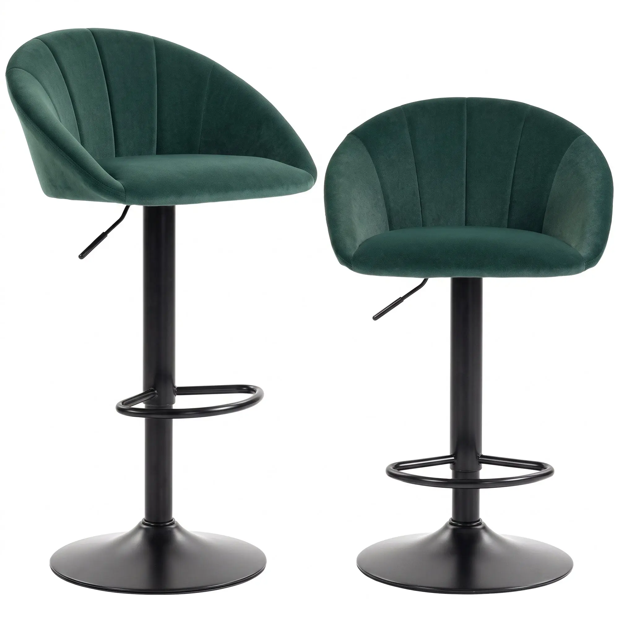 2-Piece Adjustable Swivel Velvet Bar Stools with Backrest, Footrest, Dark Green