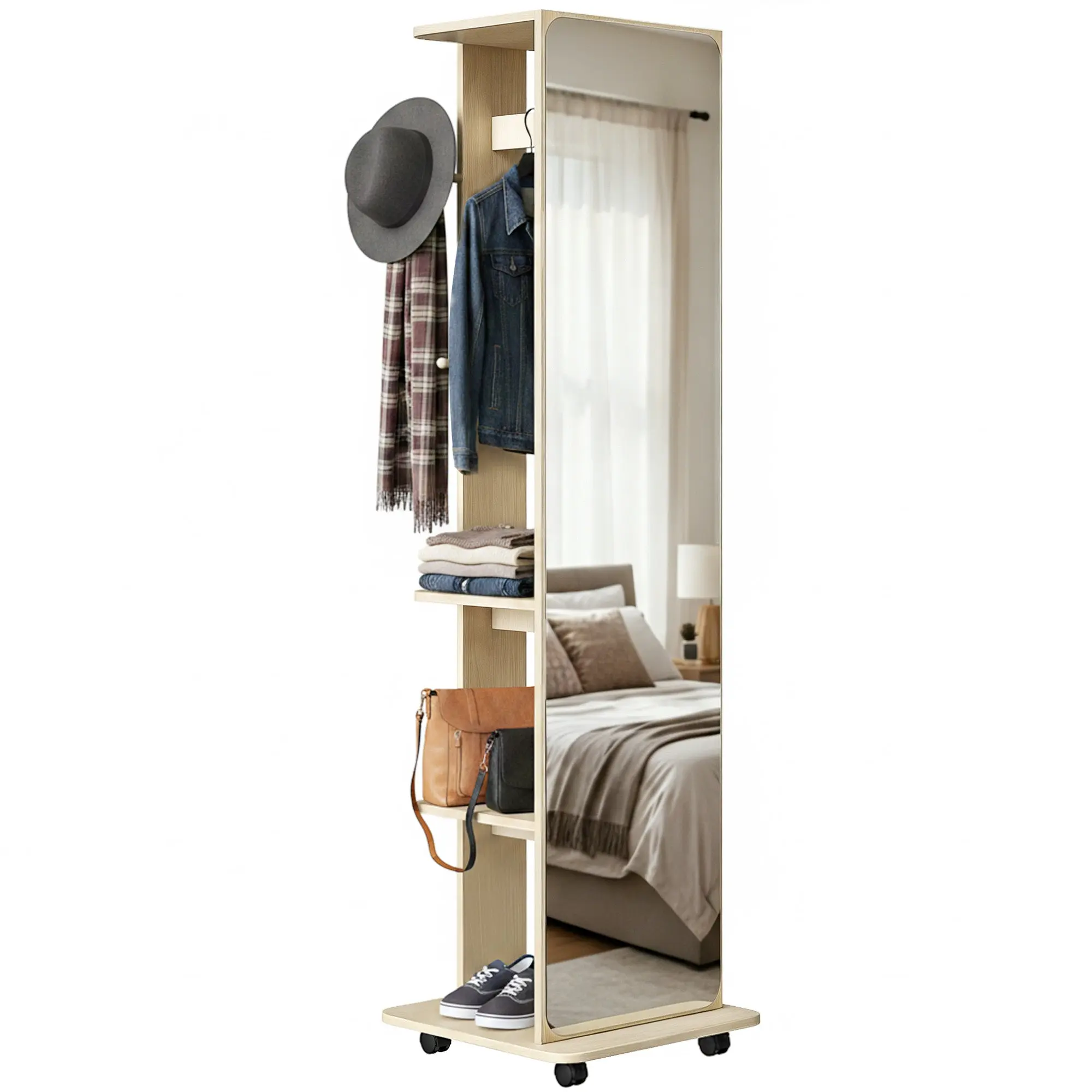 62" x 15" Full-Length Tempered Glass Floor Mirror on Wheels with Storage Shelves, Natural Wood