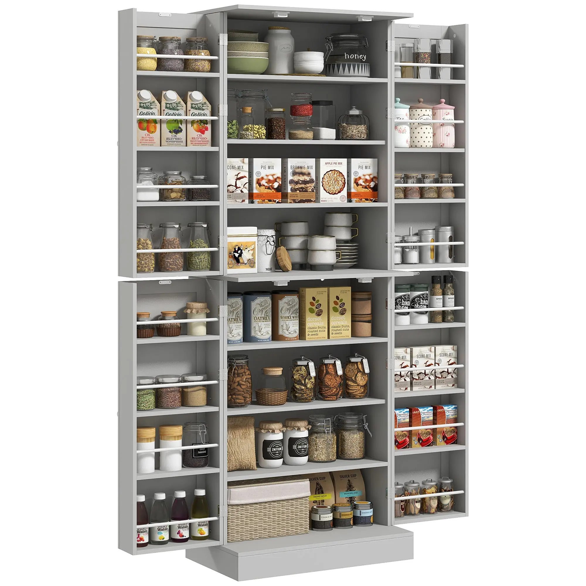 65" Kitchen Cabinet with 4 Doors and 16 Door Shelves for Dining Room, Gray