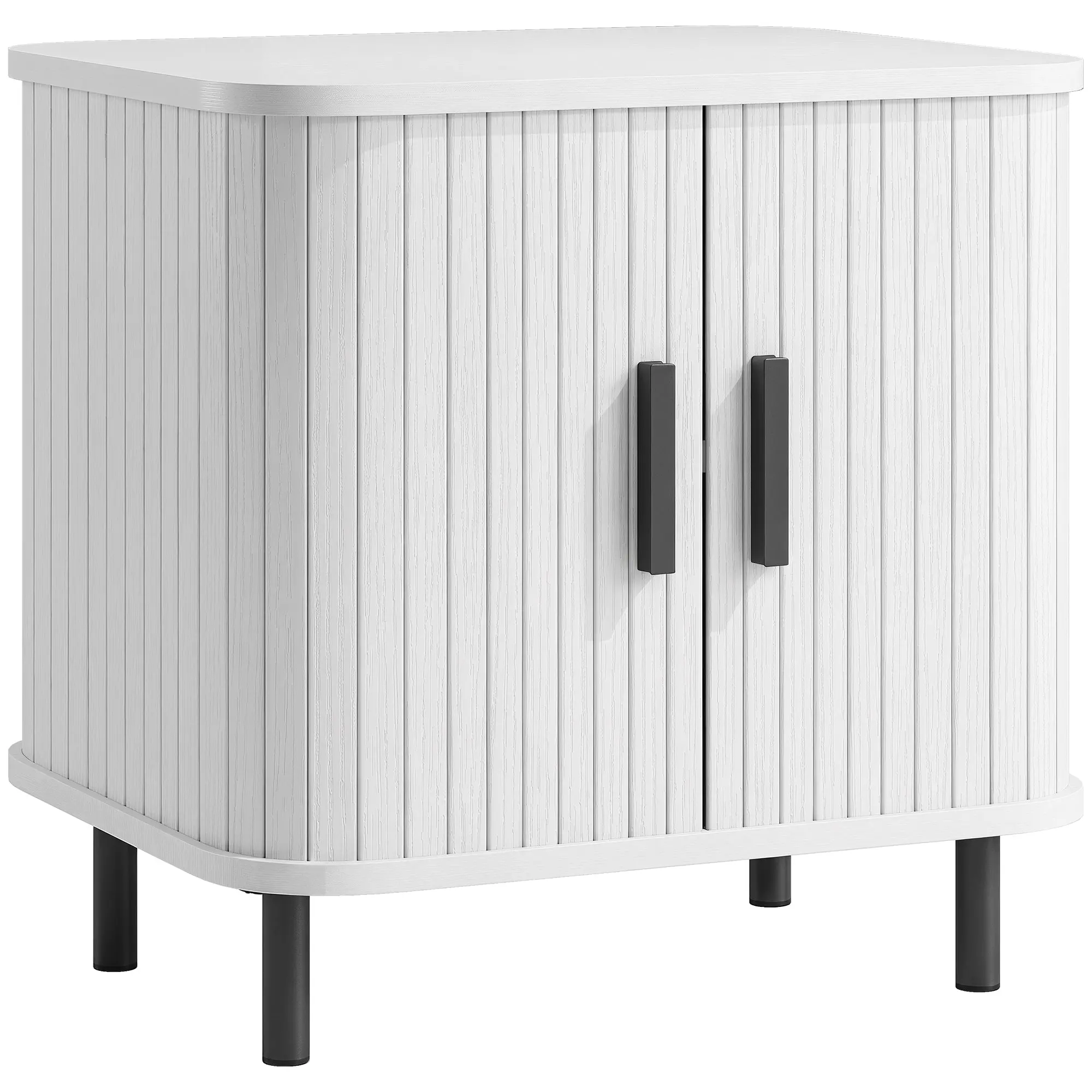 Nordic Bedside Table with Roller Shutter Sliding Doors & Metal Legs, White Wood Effect