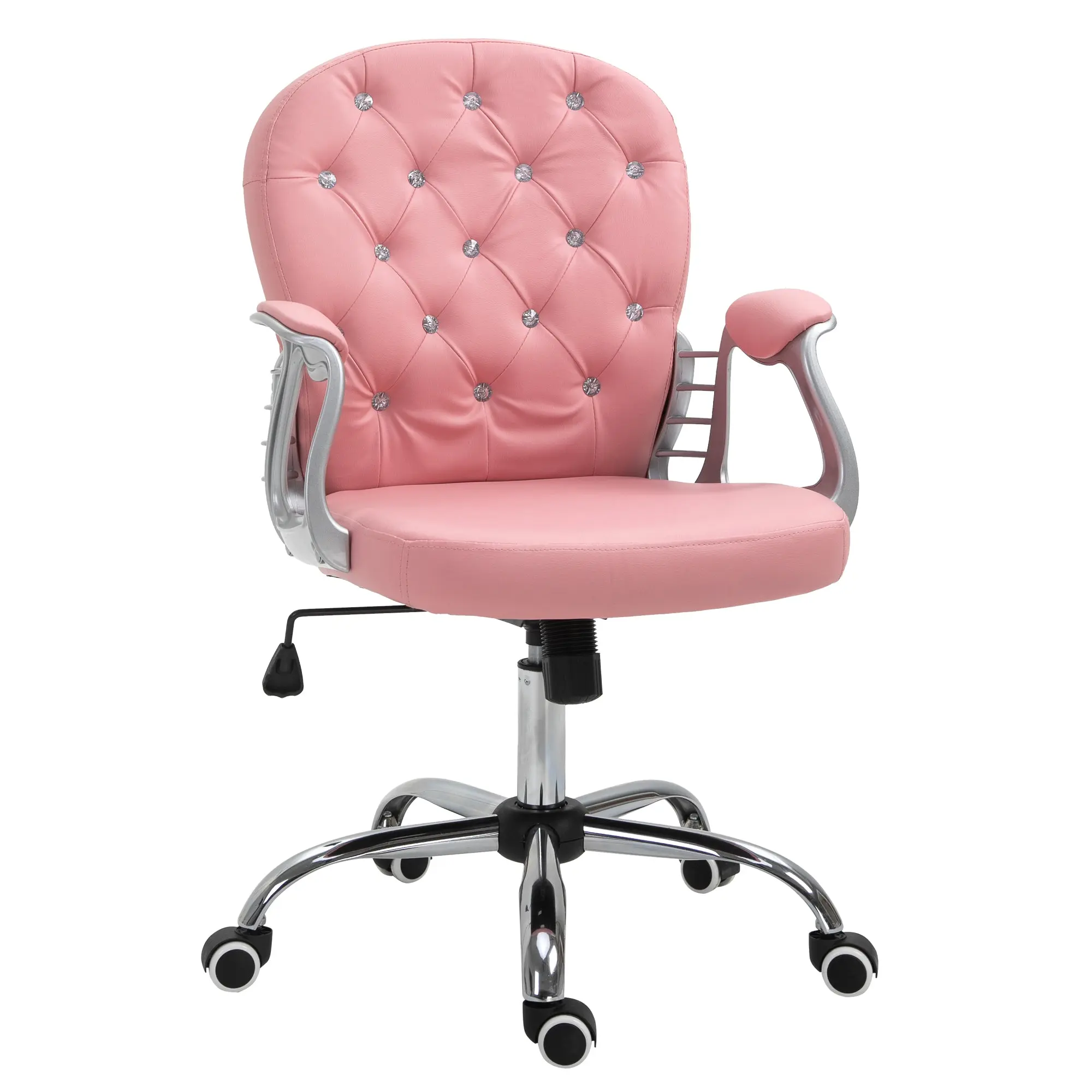 PU Leather Button Tufted Desk Chair w/ Padded Armrests & Adjustable Height, Pink