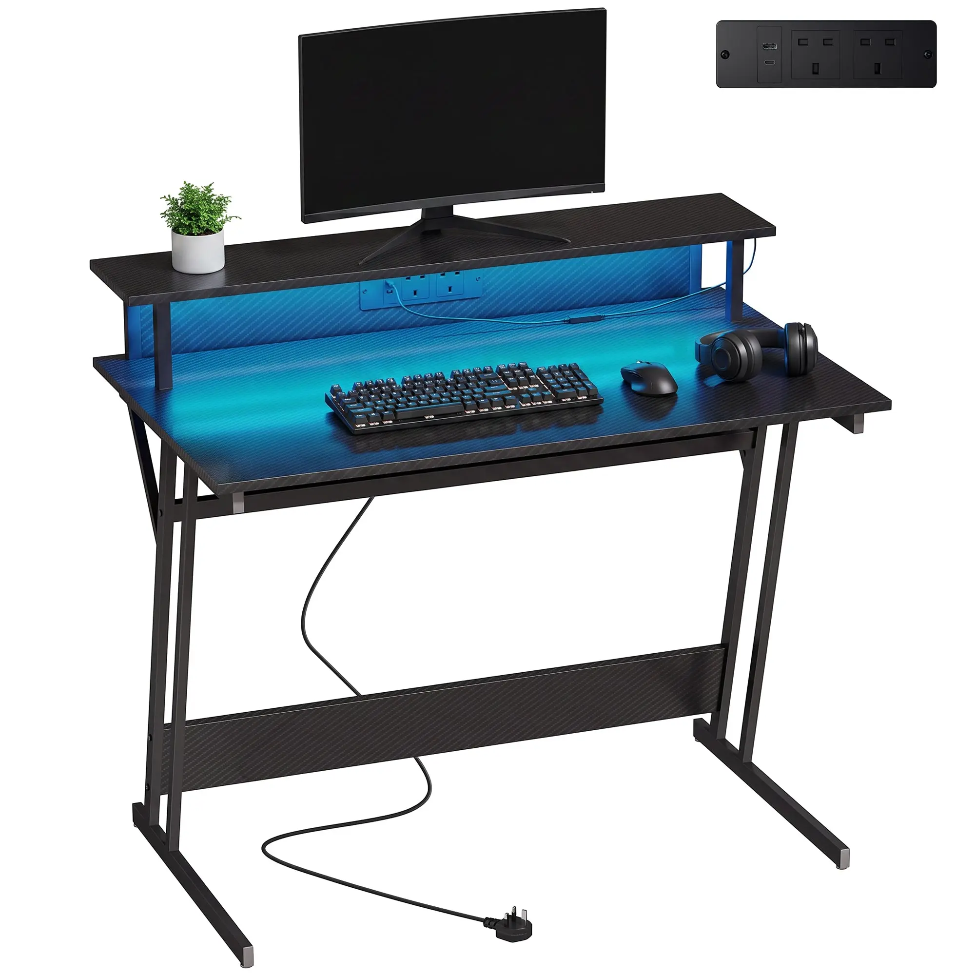 Gaming Z-Desk 100 x 60cm with LED & Power Outlets and Monitor Shelf, Black