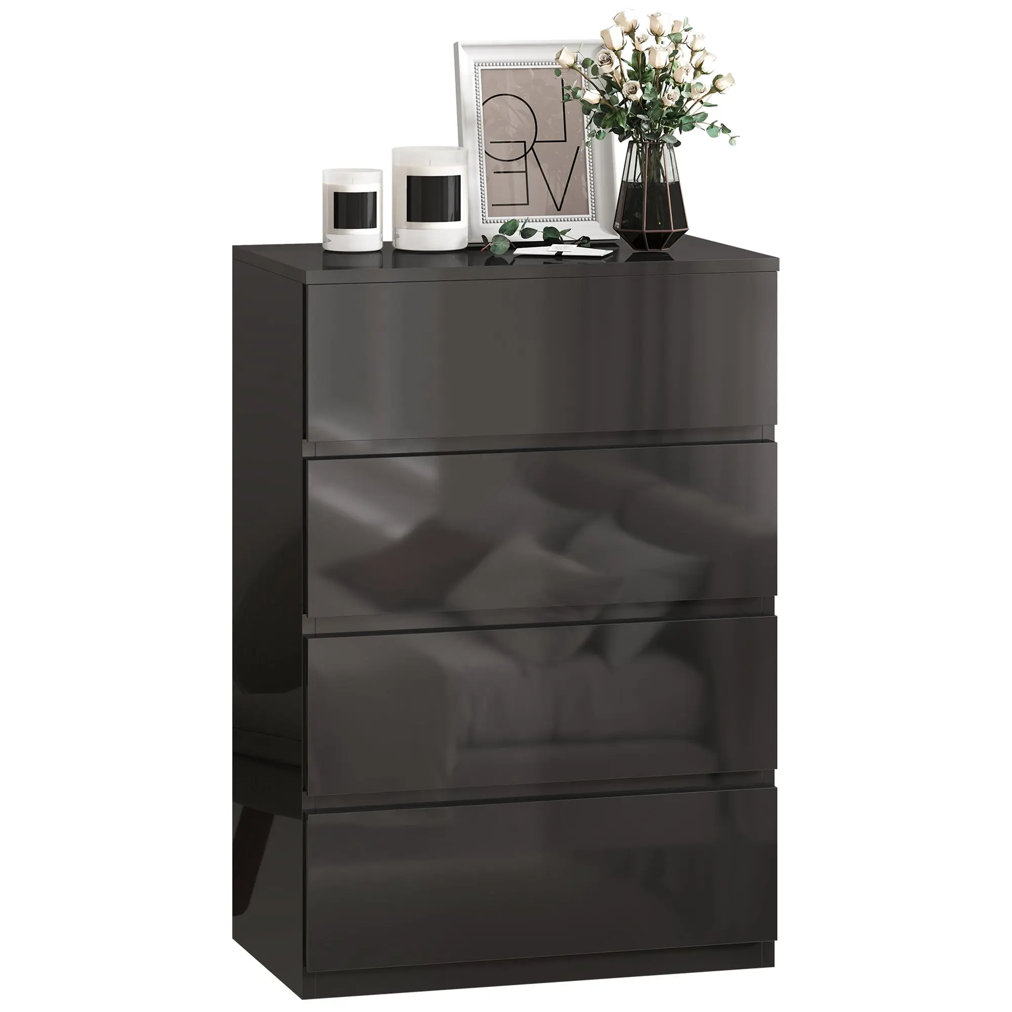 Chest of Drawers, 4 Drawers Storage Cabinet Floor Tower Cupboard for Bedroom Living Room, High Gloss Black