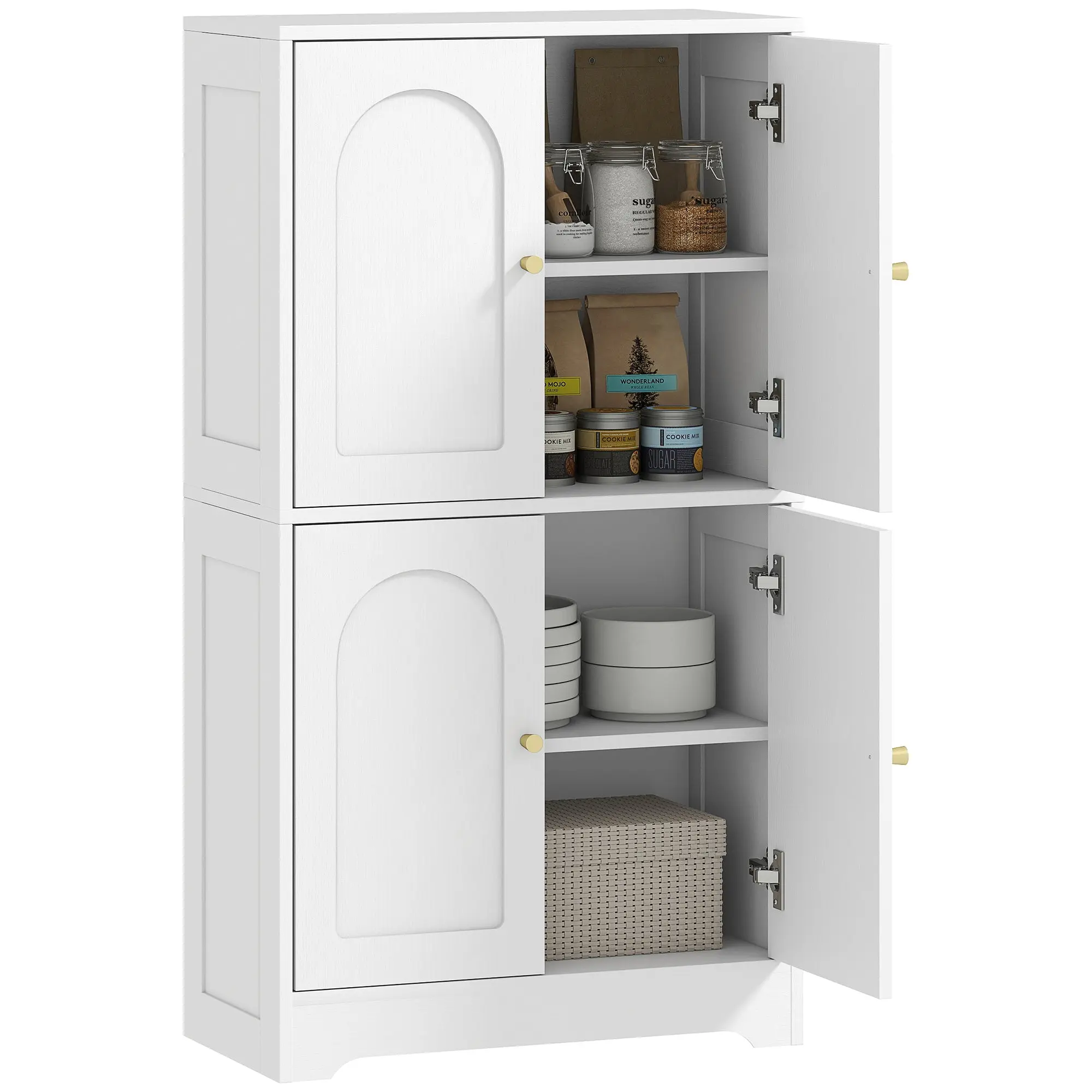 110cm Kitchen Cupboard, Freestanding Kitchen Storage Cabinet with 4 Arched Doors and 2 Adjustable Shelves, Modern Pantry Cupboard for Dining Room, White