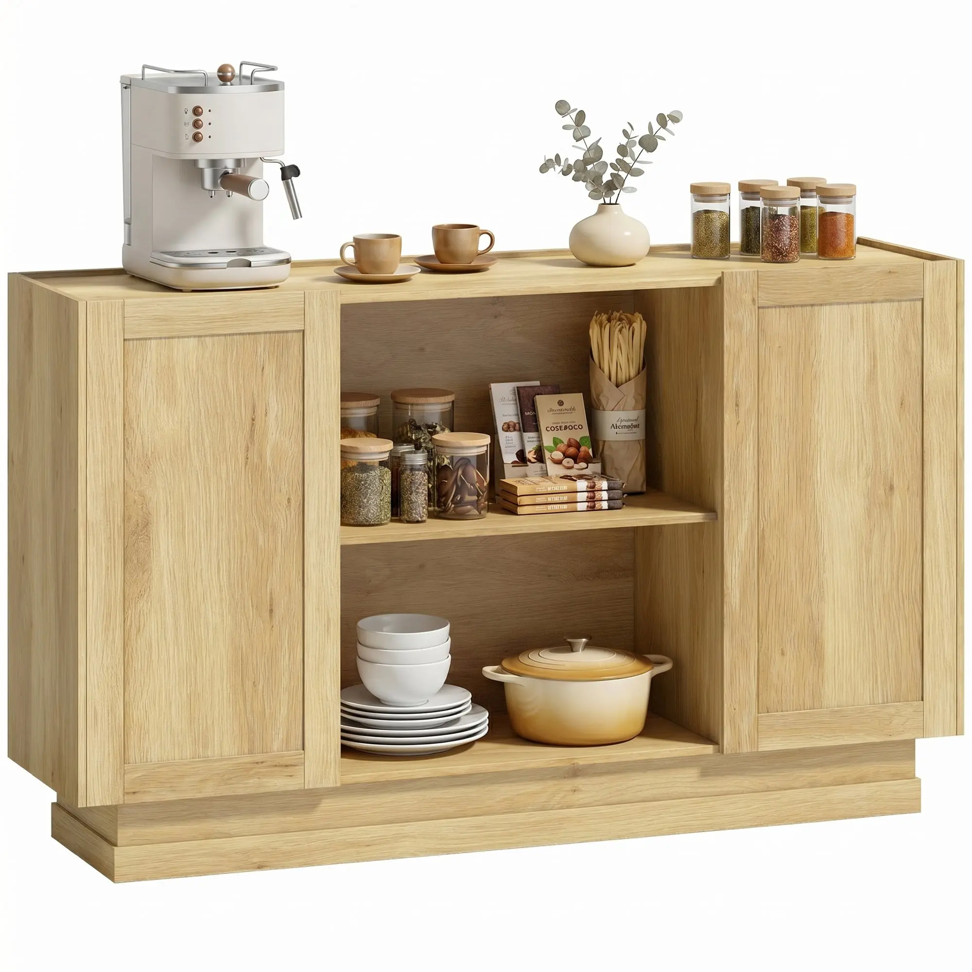 133 cm Modern Farmhouse Sideboard Buffet Cabinet with 2 Open Shelves & 2 Soft-Close Cupboards, Natural Wood Finish