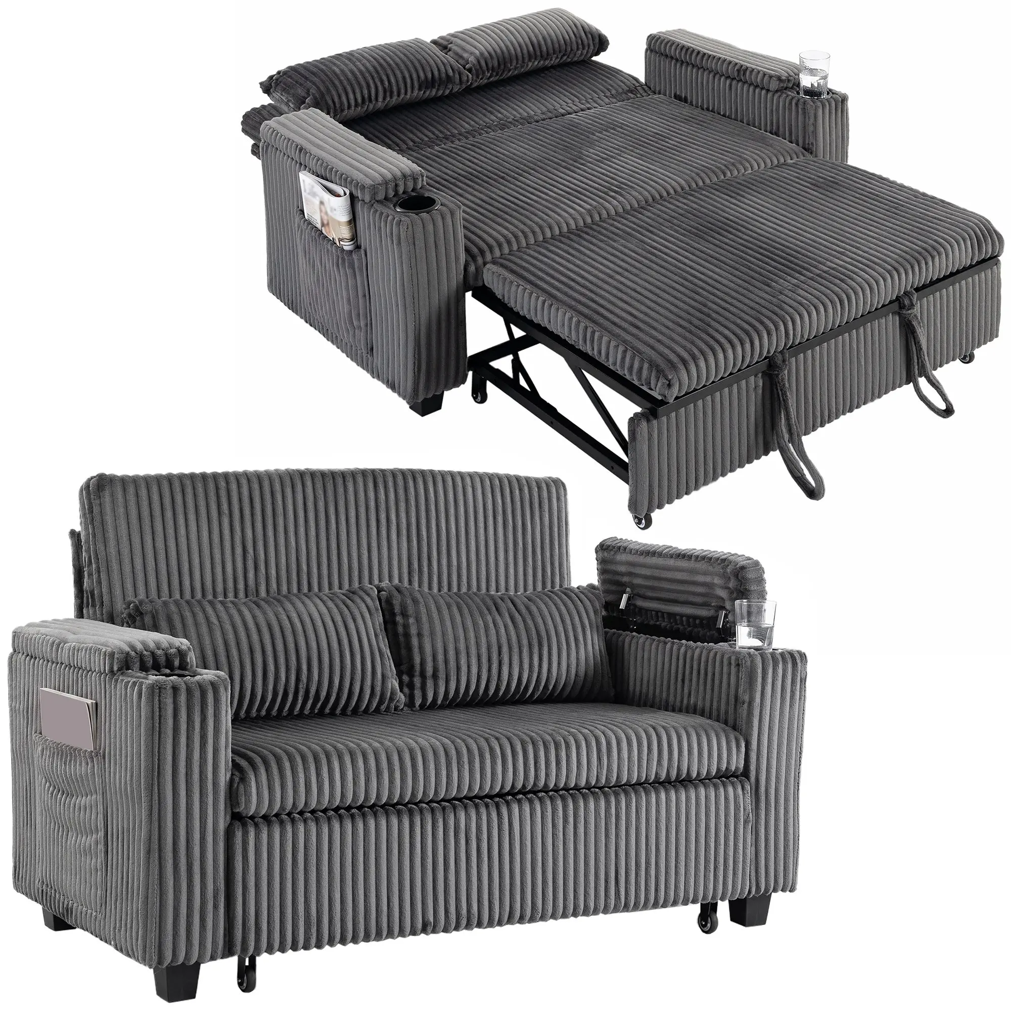 2-Seater Pull-Out Sofa Bed with Adjustable Backrest & Cup Holders, Dark Grey