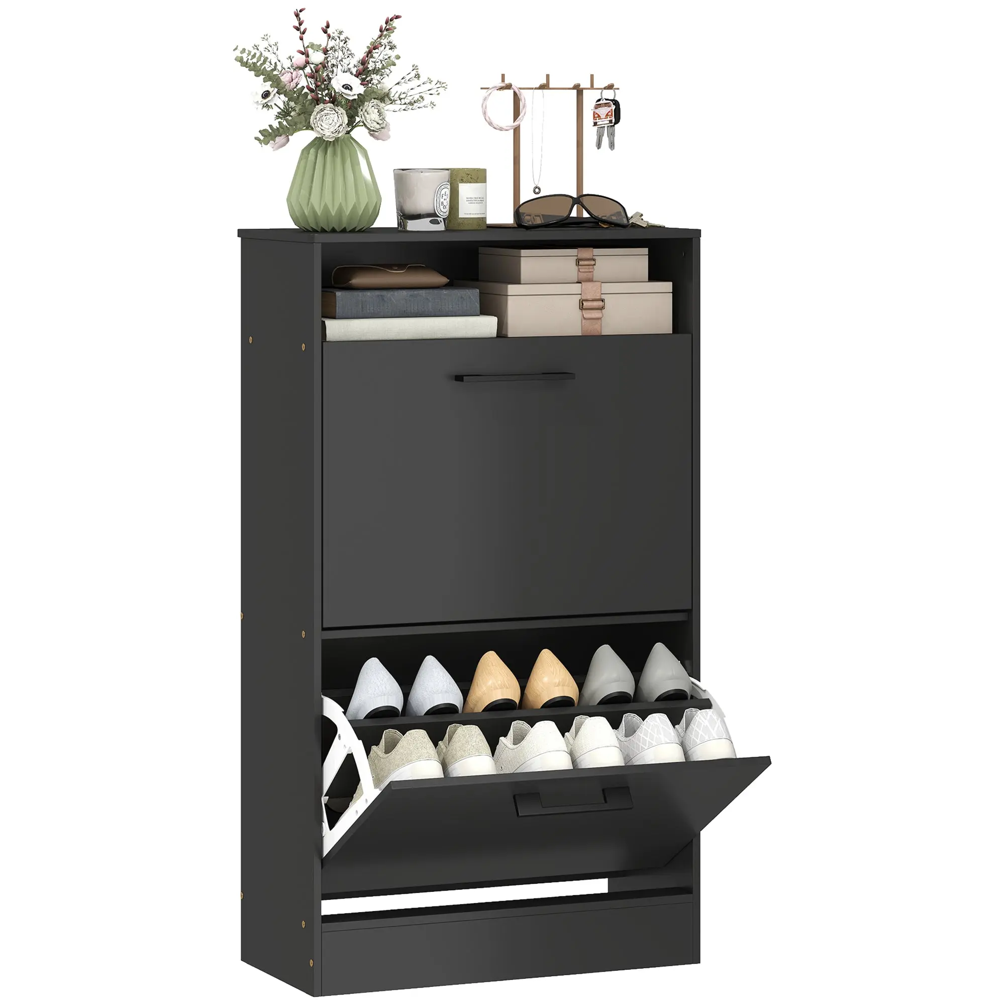 Narrow Shoe Cabinet with 2 Flip Drawers, Adjustable Dividers, 12-Pair, Black