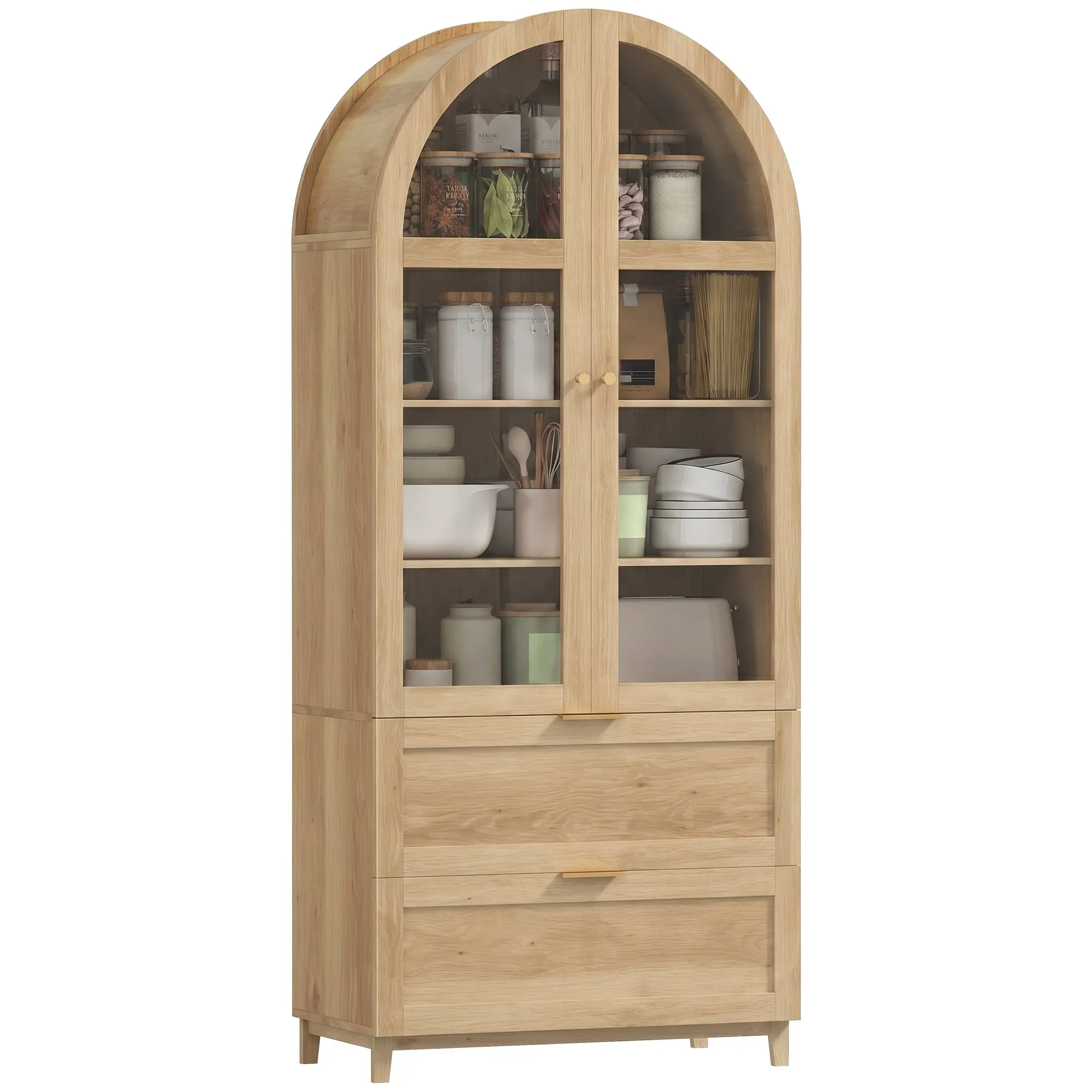 71" Tall Arched Pantry Cabinet with 2 Drawers & Adj. Shelves, Acrylic Doors, Oak