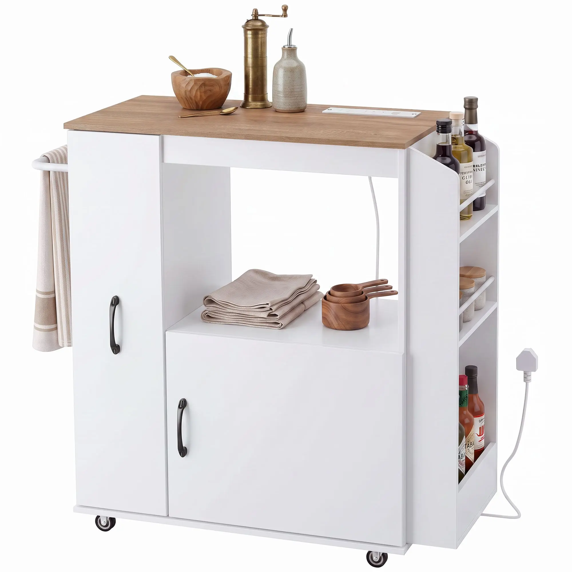 Rolling Kitchen Island Cart on Wheels with Power Outlet, Cabinet & Pull-Out Drawer, White