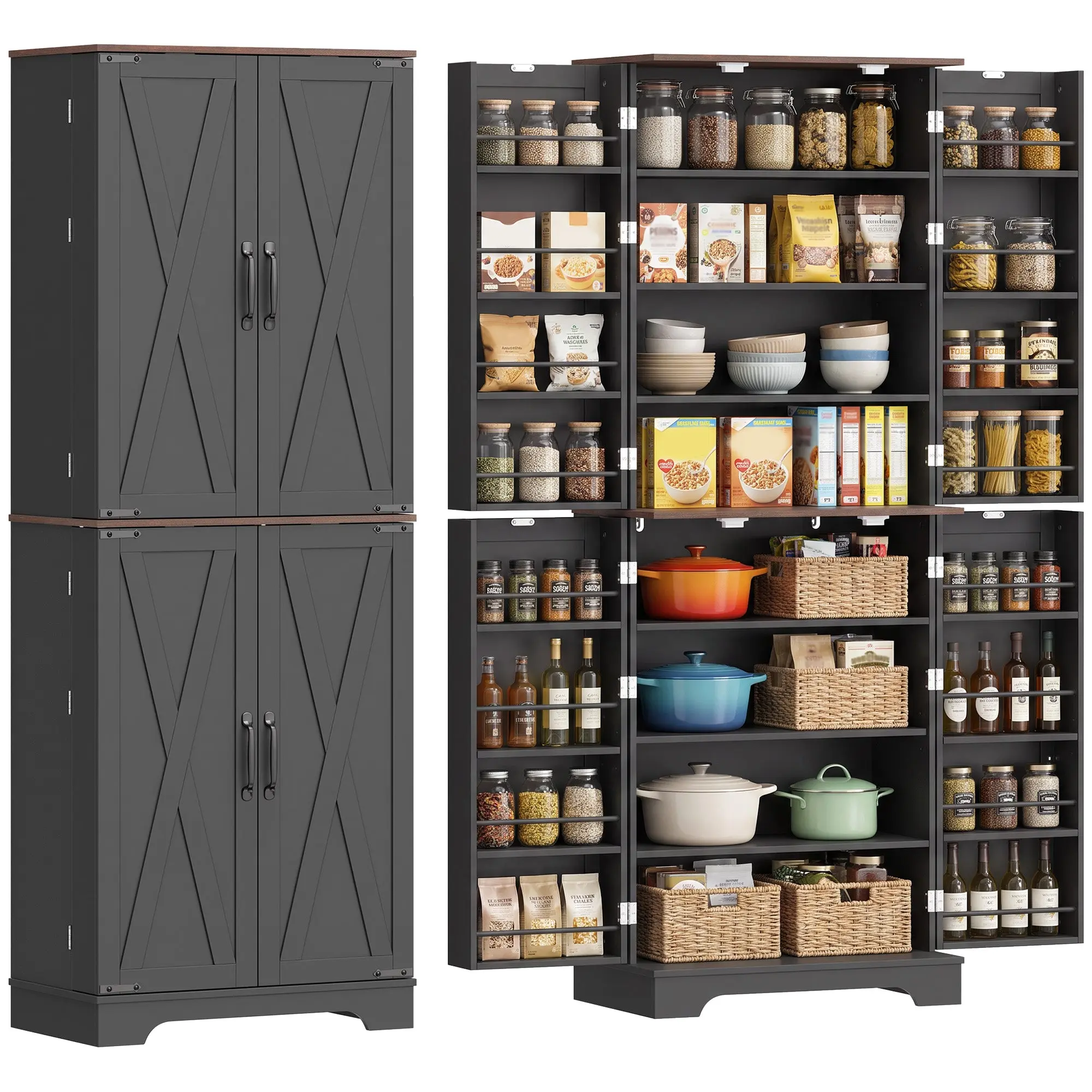 65" Tall Kitchen Pantry Cabinet with 8 Shelves & 16 Door Racks, Brown Black