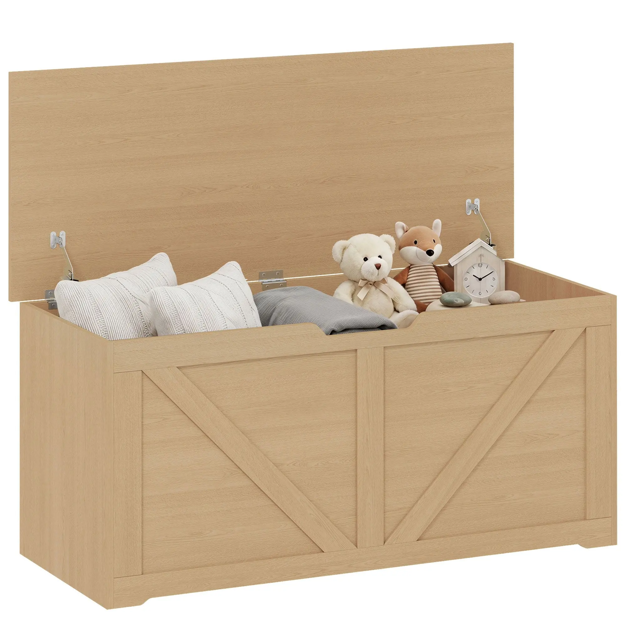 127L Storage Trunk Bench with Safety Hinges & U-Shaped Pull, Nature Wood Finish