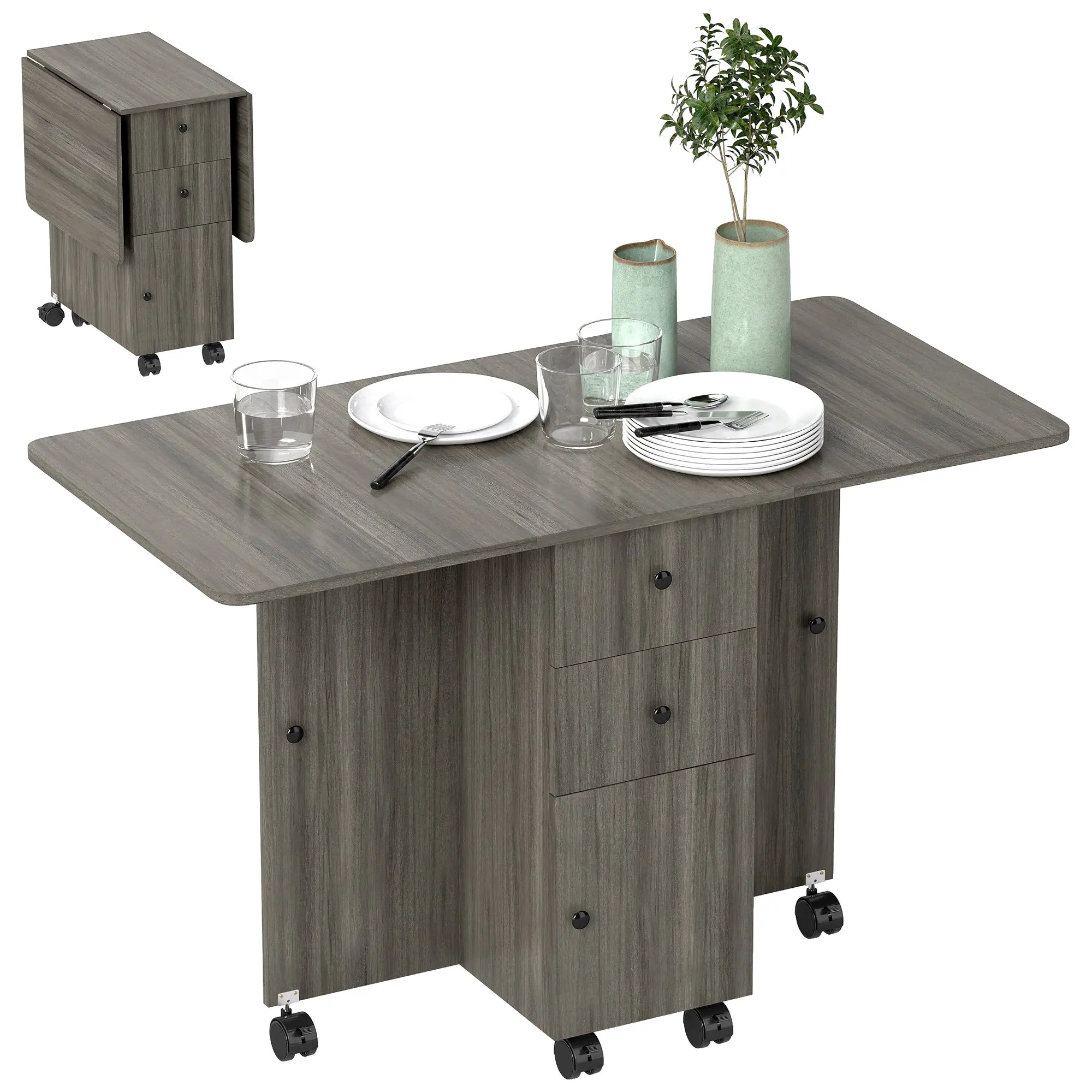 Foldable Dining Table, Rolling Kitchen Table with Storage Drawers & Cabinet, Drop Leaf Table on Wheels, Grey