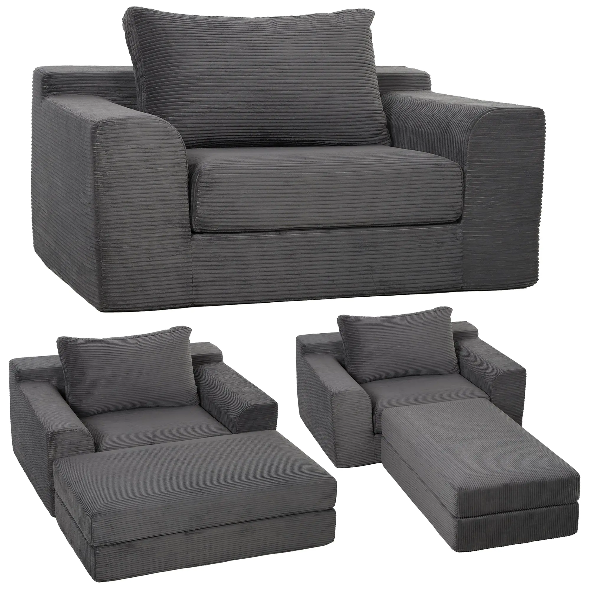 51" Corduroy Sleeper Chair Bed with Pillow for Living Room, Dark Grey