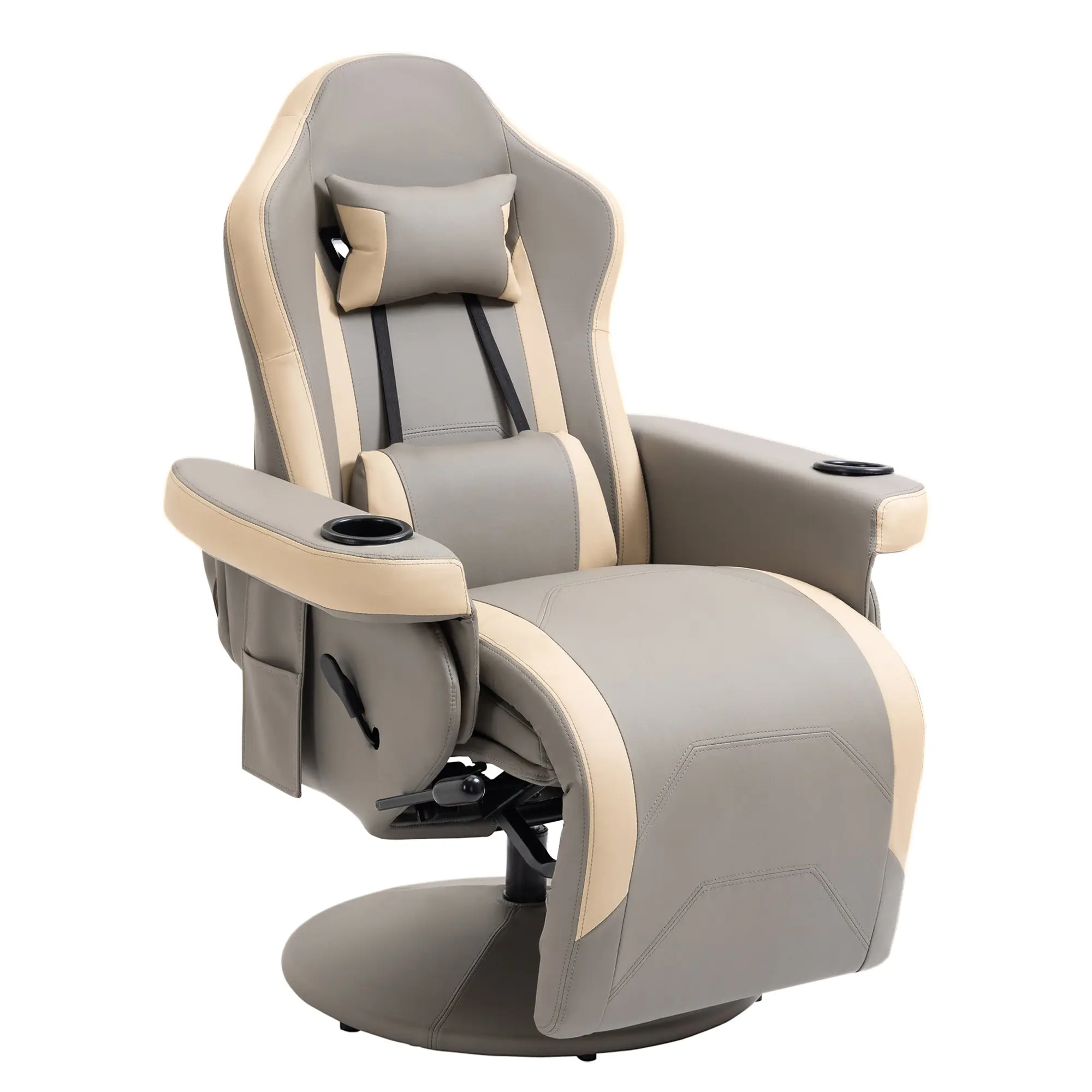 PU Leather Gaming Chair, Swivel Manual Recliner with Footrest, Headrest & Cup Holder, Grey